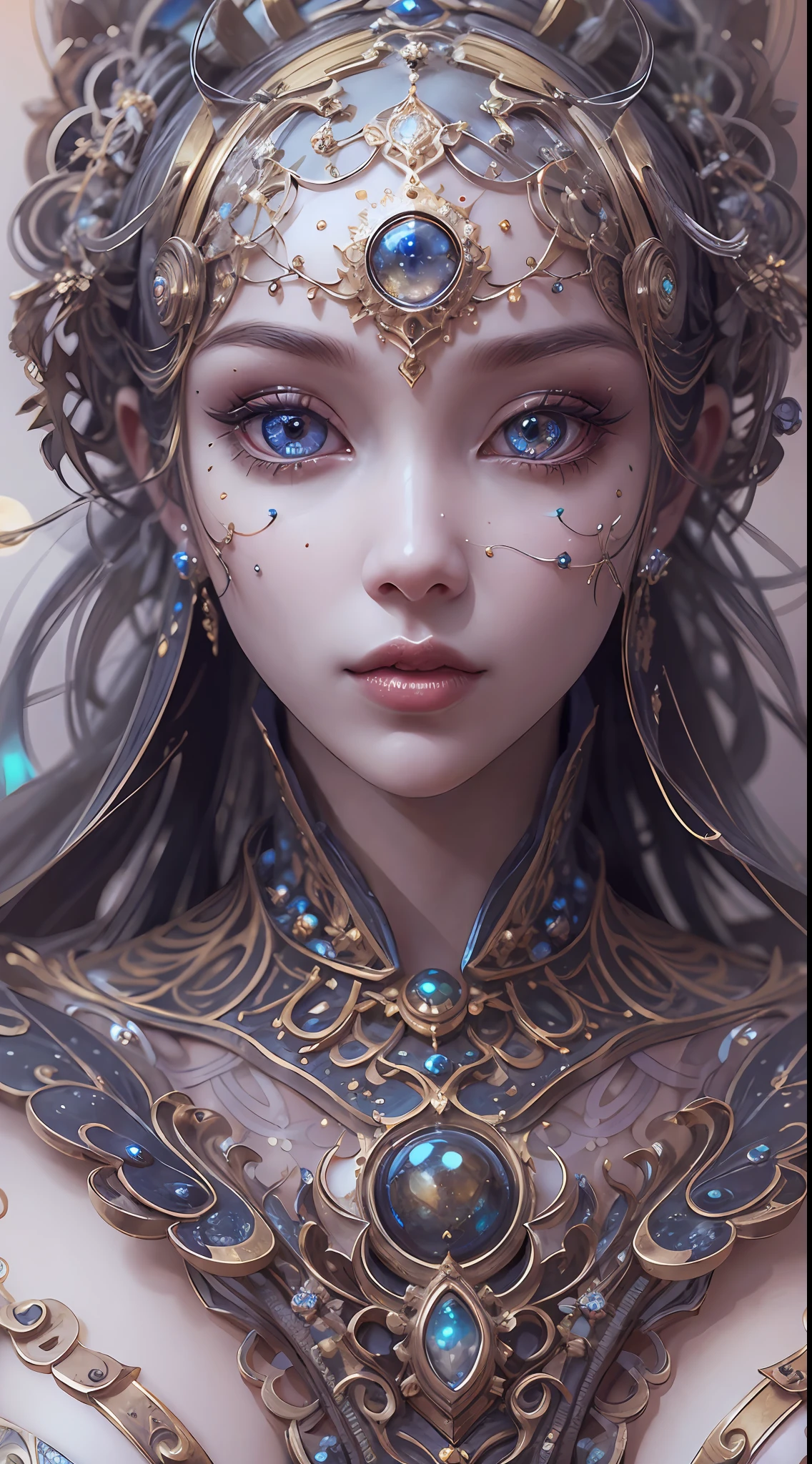 （best qualtiy，ultra - detailed，Most Best Illustration，Best shadow，tmasterpiece，A high resolution，professionalartwork，famousartwork），Detailed eyes，beautidful eyes，closeup cleavage，sci-fy，colored sclera，Robot eyes，face markings，Tattooed with，（fractalized，Fractal eyes），largeeyes，Wide eyes，（Eye focus），sface focus，Cosmic eyes，Space eyes，Close-up of metal sculpture of a woman with a moon in her hair，goddes。extremly high detail，3 d goddess portrait，Extremely detailed footage of the goddess，a stunning portrait of a goddess，Side image of the goddess，portrait of a beautiful goddess，Full body close-up portrait of the goddess，hecate goddess，portrait of a norse moon goddess，goddess of space and time