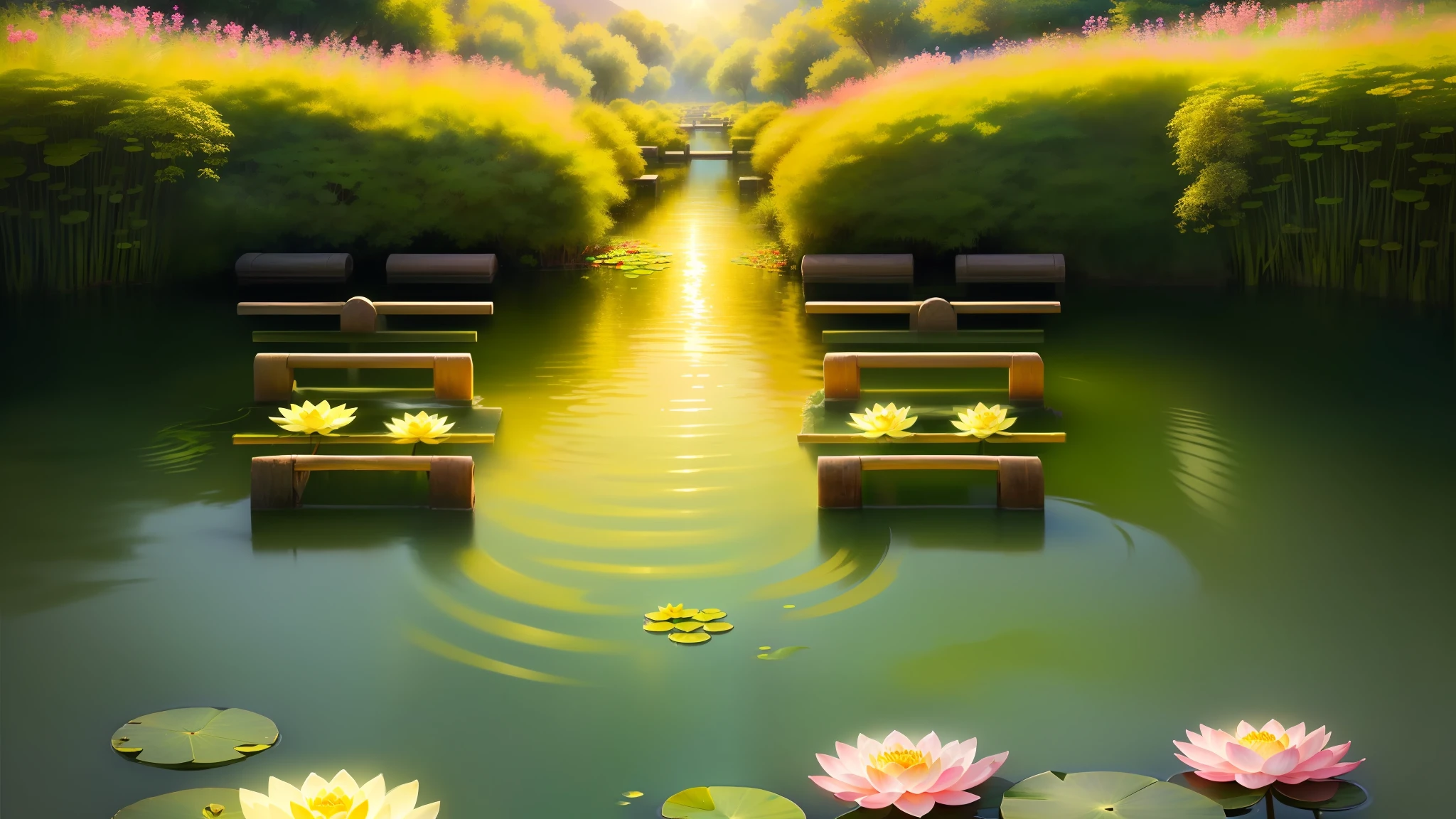 Masterpiece, exquisite, beautiful scenery deep in the lotus pond, (colourful, vivid, sunny, cool light: 1.2) lotus leaves in the pond. high quality high quality