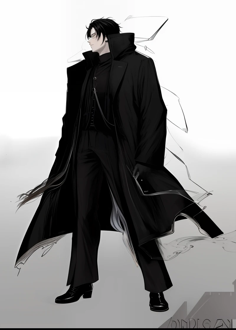 Arafed desenho de um homem em um casaco e gravata, inspirado em Yamagata Hiro, ( ( usando um casaco longo ) ), ( ( arte conceitual do personagem ) ), he is wearing a black trenchcoat, Estilo Tsutomu Nihei, conceito de corpo inteiro, technological longcoat, zerochan, design de personagens do mundo do filme noir