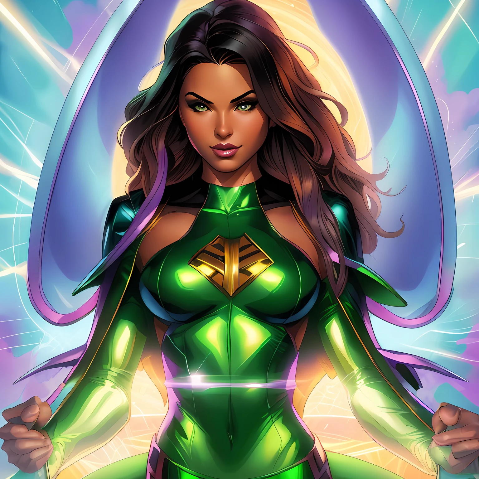 A closeup of a woman in a green costume with a hula hoop, Um guerreiro esmeralda loiro, sem texto, Retrato de Ororo Munroe, Steven Artgerm Quatro, full-colour illustration, black canary, zenescope, Chris Moore. Artgerm, Artgerm Greg Rutkowski _ Greg, j. Scott Campbell, personagem de quadrinhos