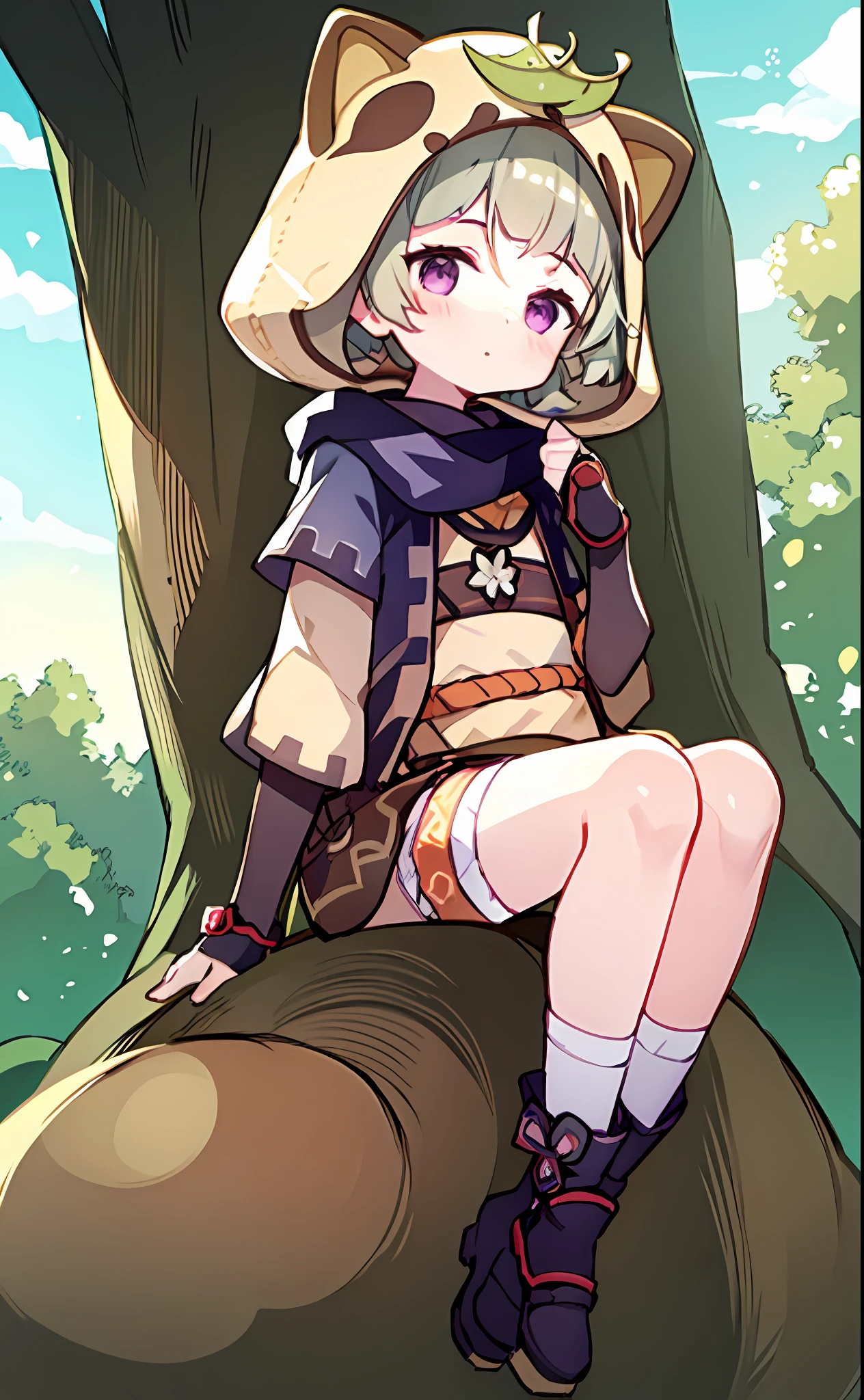 best qualtiy，（kawaii：1.1），（adolable），（A high resolution：1.2），cute female child，Sit on a tree，Holding a pillow，rubbing eyes