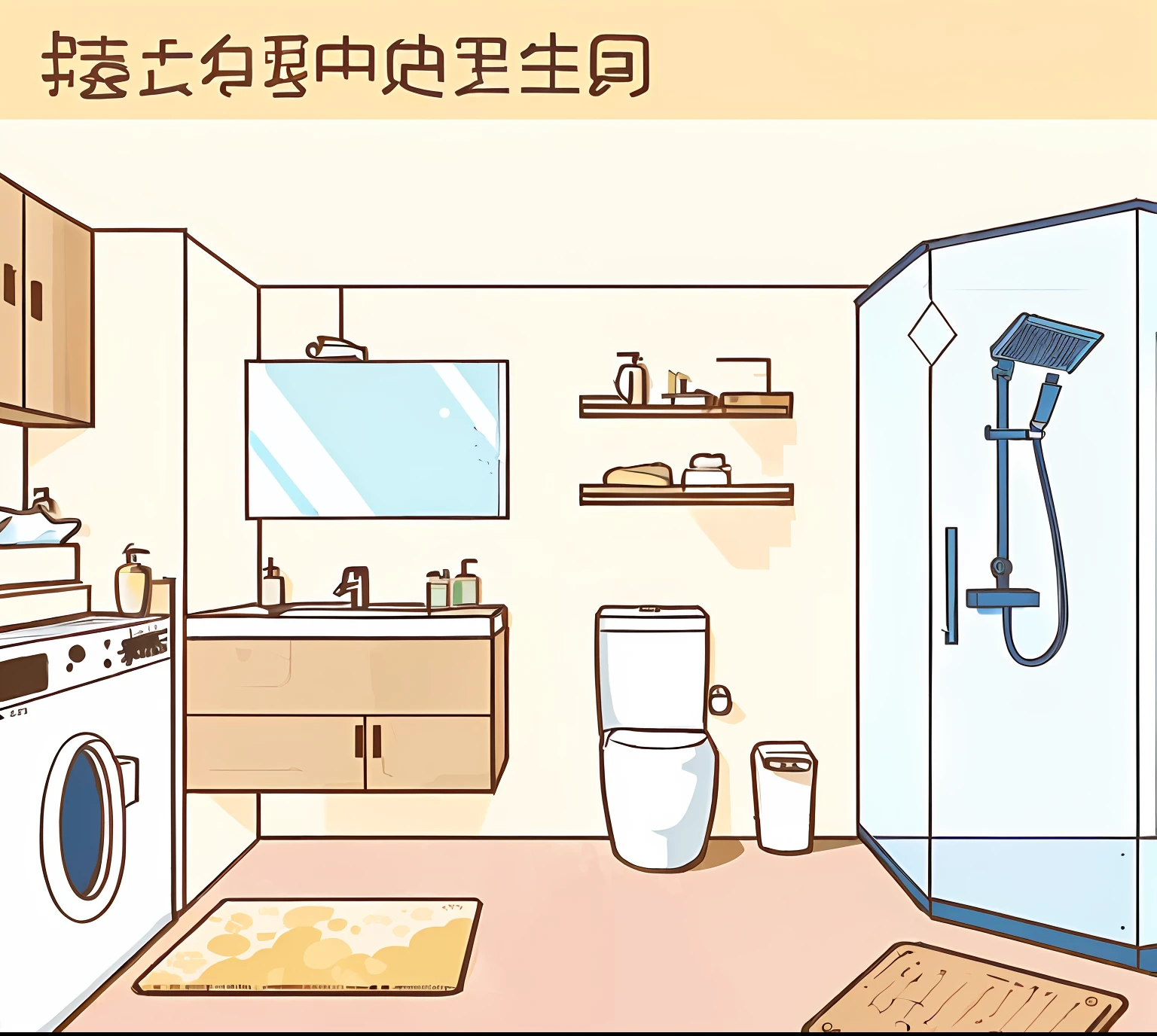 There is a cartoon piece of the bathroom with toilet and washing machine, Wang Chen, detailed scenery —width 672, komono, Simple and clean illustration, 🚿🗝📝, Clean and neat, home setting, Chiba Yuda, Detailed 2D illustration, daily life