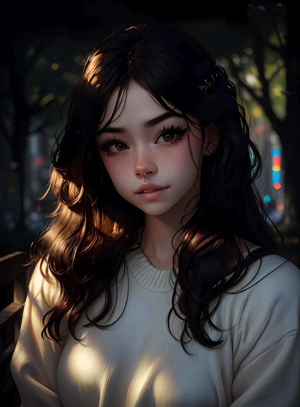 wearing (sweater), portrait, beautiful face, pretty eyes, ((Asian)), South East Asian, outside, portrait, park, trees, teeth, eyes open,  ward winning photo, best quality, upper body, Hannahowo, windblown black hair, by lee jeffries nikon d850 film stock photograph 4 kodak 400 camera f1.6 lens rich colors hyper realistic lifelike texture natural lighting unreal engine trending on artstation cinestill 800, (100mm lens)