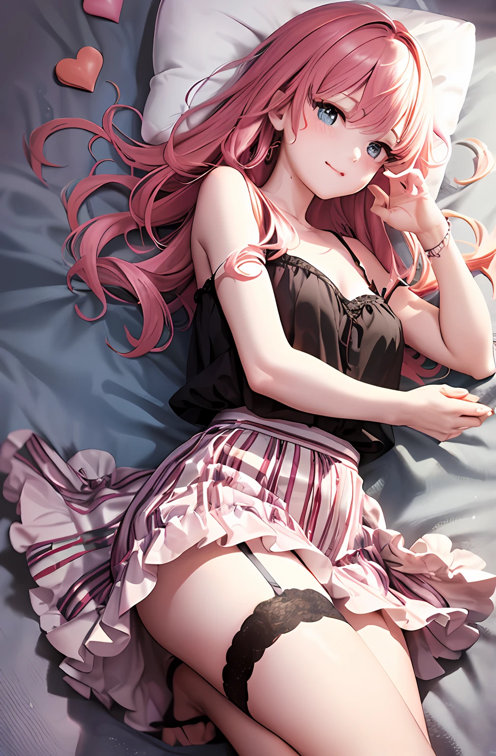 Portrait Art 15。详细的脸、((Carefully written hands and fingers、Detailed hands and fingers))、Pink hair。length hair。pleatedskirt。Camisole。耳Nipple Ring。Heart-shaped chest。Happy look。Cute PINK Room。plushies、pantiy、Cute string panties