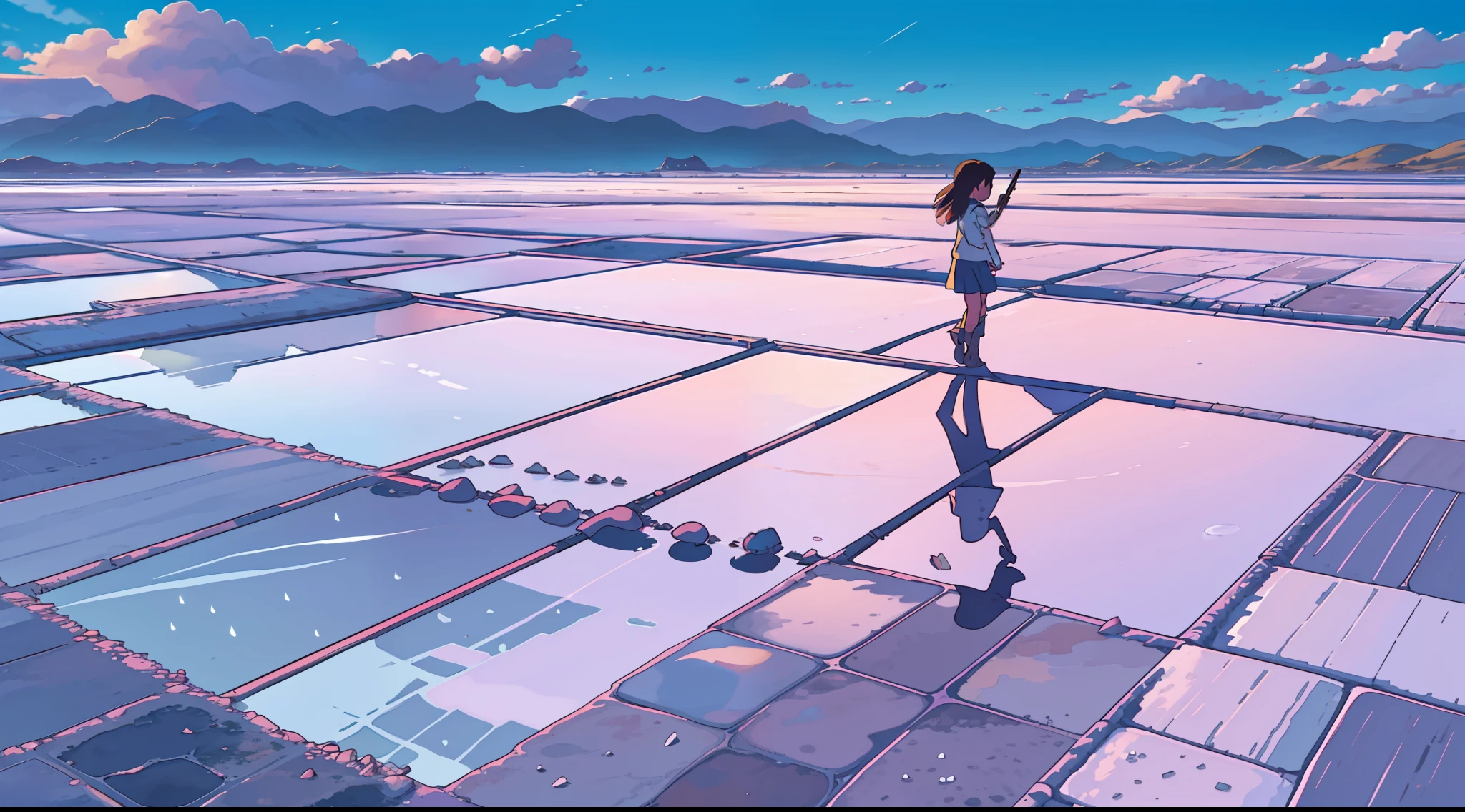 The ant looked at the salt pan in front of him， Pure landscape painting， Ant view landscape，A large square shaped salt pan，All around are salt pans，Checkered points，Well organized salt pans，The details of the salt field are clear，The sea in the distance，Beautiful scenery of salt pans，cartoonish style