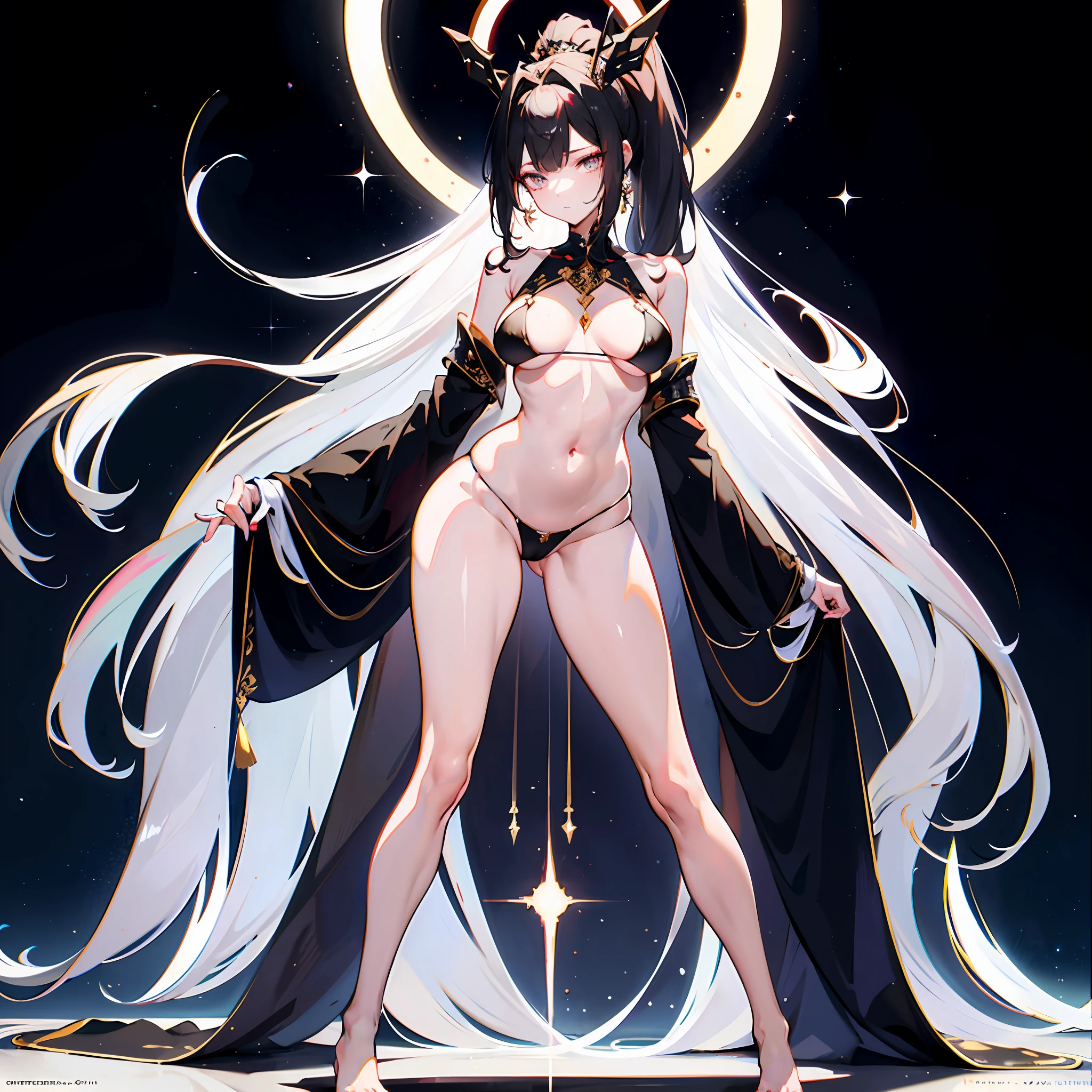 tmasterpiece，Beautiful goddess of the void，Black color hair，High ponytail，Gorgeous clothes with gold patterns，Full-body white transparent bikini standing under the starry sky of empty night，Disappearing transparent pants，Full-body standing，Tall，Slender legs，detail in face，Detailed body part details，8k wallpaper，Front view, Rear view, Left view, right view, Four angles show the character