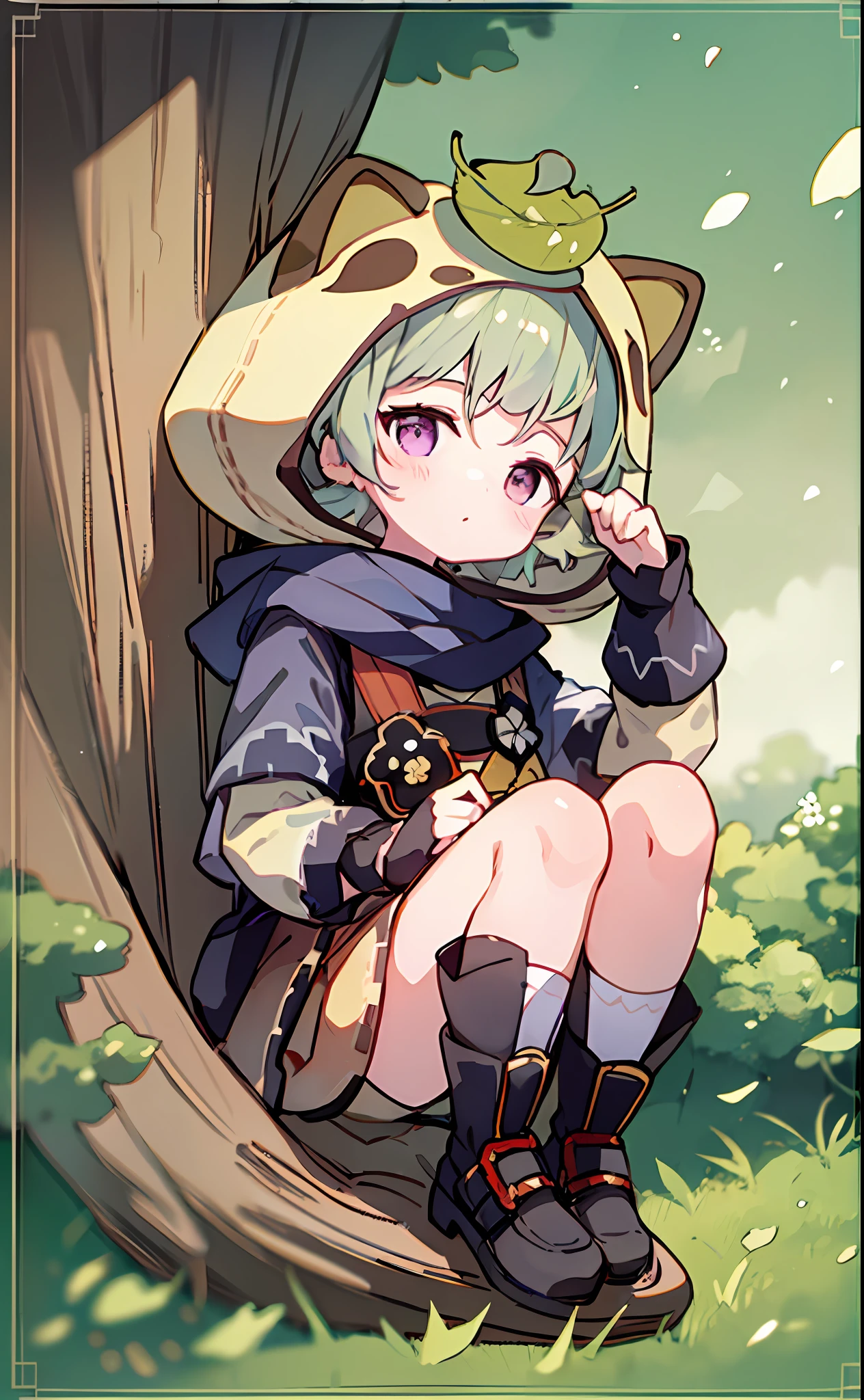 best qualtiy，（kawaii：1.1），（adolable），（A high resolution：1.2），cute female child，Sit on a tree，Holding a pillow，rubbing eyes