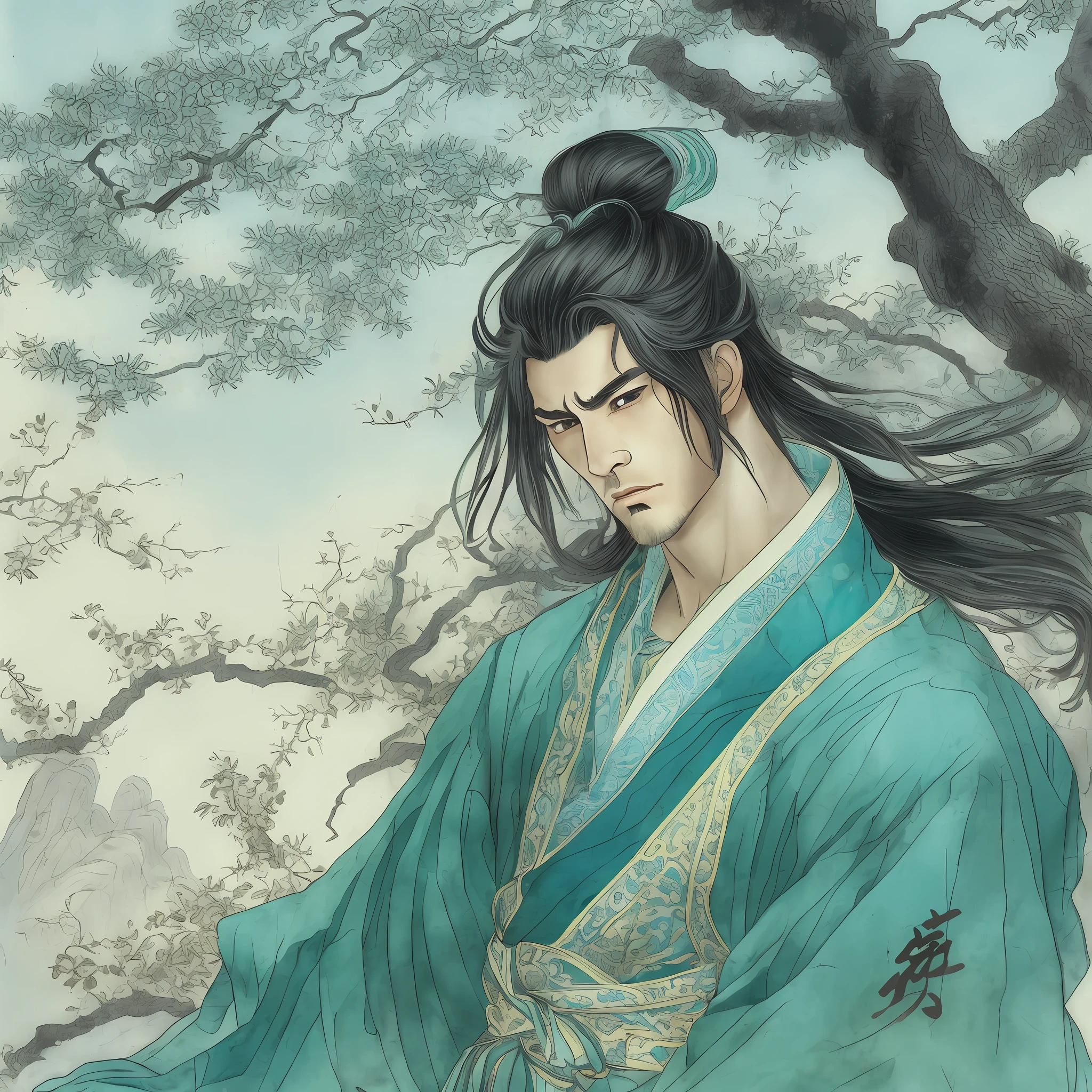 Masterpiece, best, a man, chinoiserie, ancient china, black hair, gray blue eyes, split hair, long hair, long bangs, high ponytail, handsome, masculine, gentle, tall, quiet, teal robe, outdoors, cloak, Branches, windy, young man, with a steady expression and a boxing posture