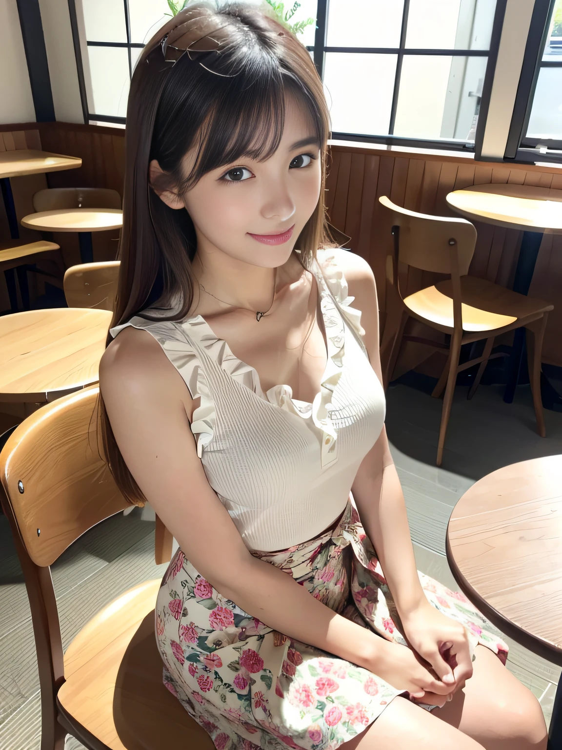 8K、Raw photography、(masuter piece:1.2)、(Photorealsitic:1.2)、(best qualtiy)、((Sleeveless with white frills))、((Adult woman in floral skirt))、((japanes、25-years old))、Light brown hair in one woman、((full body Esbian))、make - up、Smart body、A smile、Poses variadas、hyperdetailed face、A detailed eye、((No close-ups))、(Inside the café、Sitting on a chair)