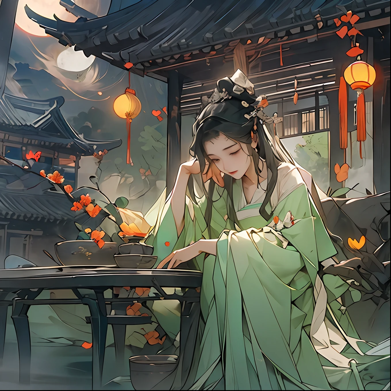 offcial art、Ancient China、A woman sits in the corner,Chinese Ancient Architecture,Ancient Chinese streets,(Lots of fireflies)、White Hanfu,Hanfu,Yellow belt,(the night)、(themoon)、lamplight、lindo cenario、epic landscapes、Luzes Realistas、tmasterpiece、high high quality、Beautiful graphics、high detal、globalillumination、unreal engine rendered,Octane rendering,(hdr:1.3),by lake,inverted image,(Under the trees),Rained,big trees, gardens, Chinese Ancient Architecture,by lake,Riverside,(Lake),(themoon),(inverted image),nightfall, nightfall, nightfall, rain, Fog City, Violent storms, Black hair, Sad, Sigh, Unconscious, Chiaroscuro, Depth of field, Ray tracing, Wide shot, in a panoramic view, Perspective, Atmospheric perspective, hyper HD, retinas, Masterpiece, ccurate, Anatomically correct, Textured skin, Super detail, High details, High quality, Award-Awarded, Best quality, A high resolution, 1080p