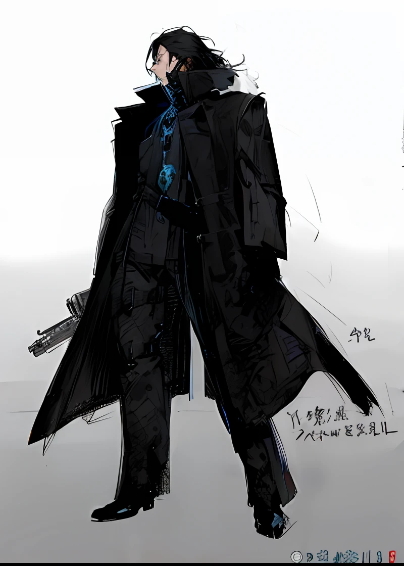 Arafed desenho de um homem em um casaco e gravata, inspirado em Yamagata Hiro, ( ( usando um casaco longo ) ), ( ( arte conceitual do personagem ) ), he is wearing a black trenchcoat, Estilo Tsutomu Nihei, conceito de corpo inteiro, technological longcoat, zerochan, design de personagens do mundo do filme