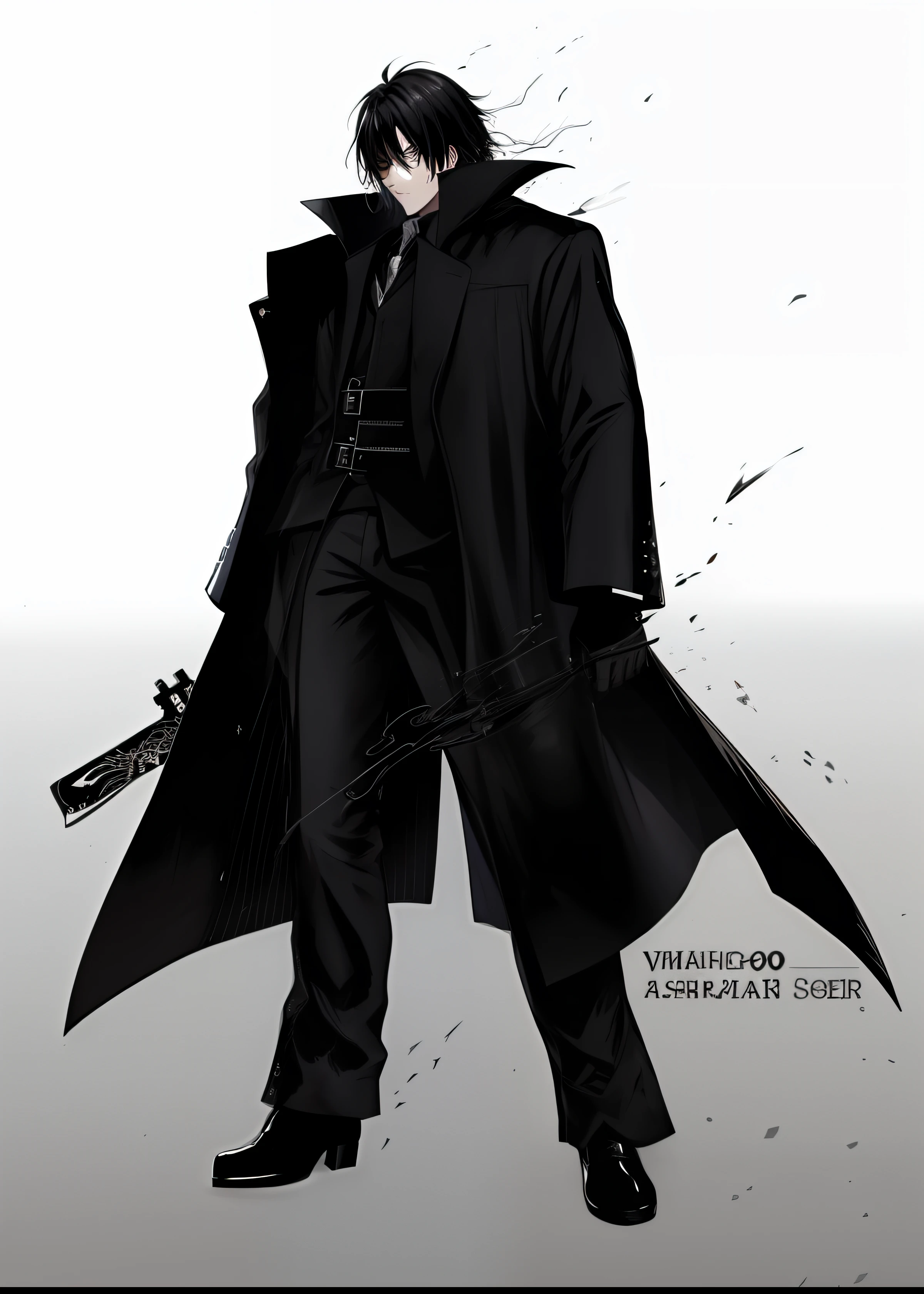 Arafed desenho de um homem em um casaco e gravata, inspirado em Yamagata Hiro, ( ( usando um casaco longo ) ), ( ( arte conceitual do personagem ) ), he is wearing a black trenchcoat, Estilo Tsutomu Nihei, conceito de corpo inteiro, technological longcoat, zerochan, design de personagens do mundo do filme ????