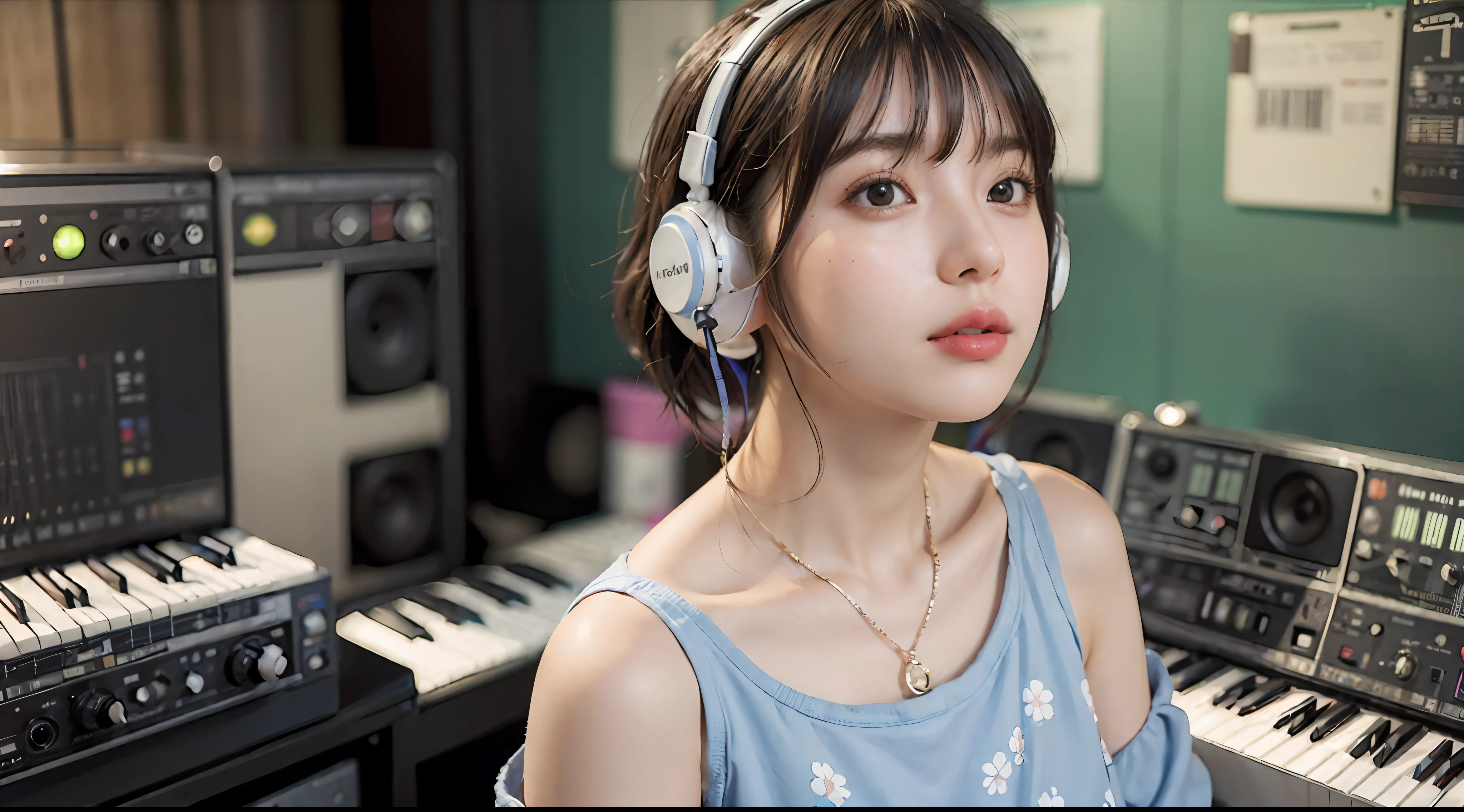 Best Quality, masutepiece, (Photorealistic:2), Ultra High Resolution, Highly detailed, A hyper-realistic, 1girl in, ((head phone)), (Longer dress), Floral pattern, colourfull_hair、(((very_Short_hair))), Short hair, Slim body, Full Shot, Looking at Viewer, ((Music Studio)), Bright atmosphere, spot light, Detailed background