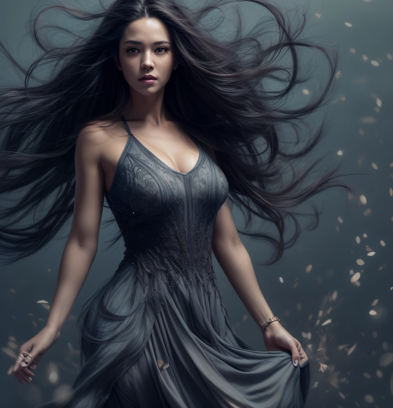 uma mulher bonita, na casa dos 20 anos, rosto perfeito, muito lindo, Corpo Perfeito, cabelos longos cinza, voando com o vento, Particle, usando um vestido preto longo com detalhes brancos, salto alto preto, muito lindo, High definition, master part, cinematic background, ligeiramente desfocado.