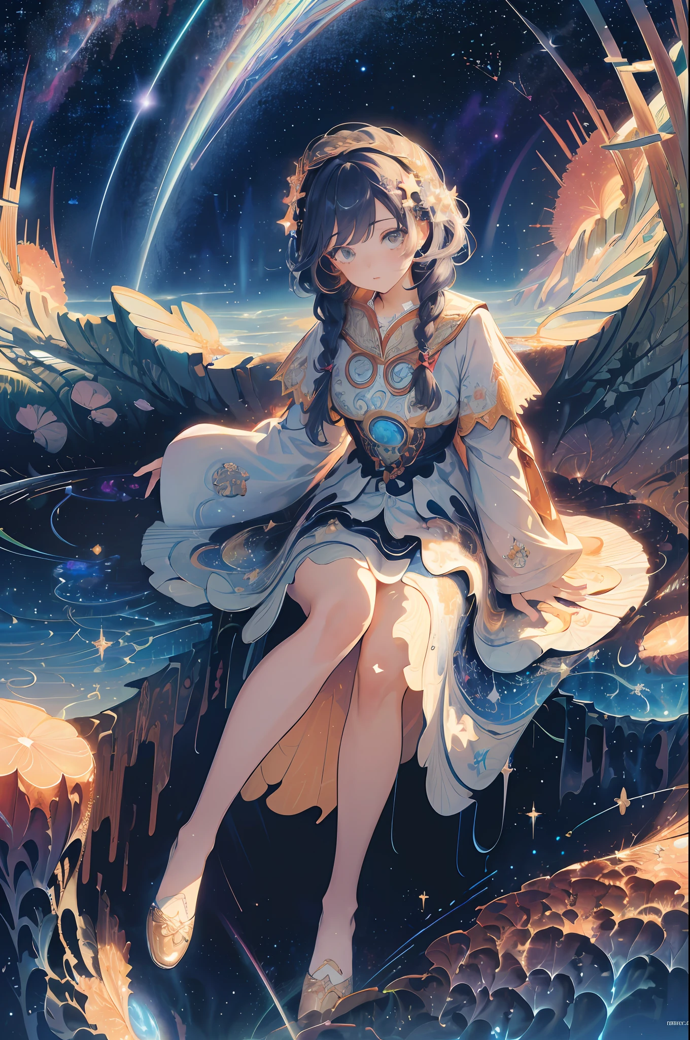 (masterpiece, top quality, best quality, official art, beautiful and aesthetic:1.2), (1girl:1.3), (fractal art:1.3), best quality, original, extremely detailed wallpaper, illustration, long eyelashes, colored eyelashes, (sharp eyes:1), light rays, hair ornament, star, constellation, braids, divine, divinity, sitting, full body, intricate dress, starlight