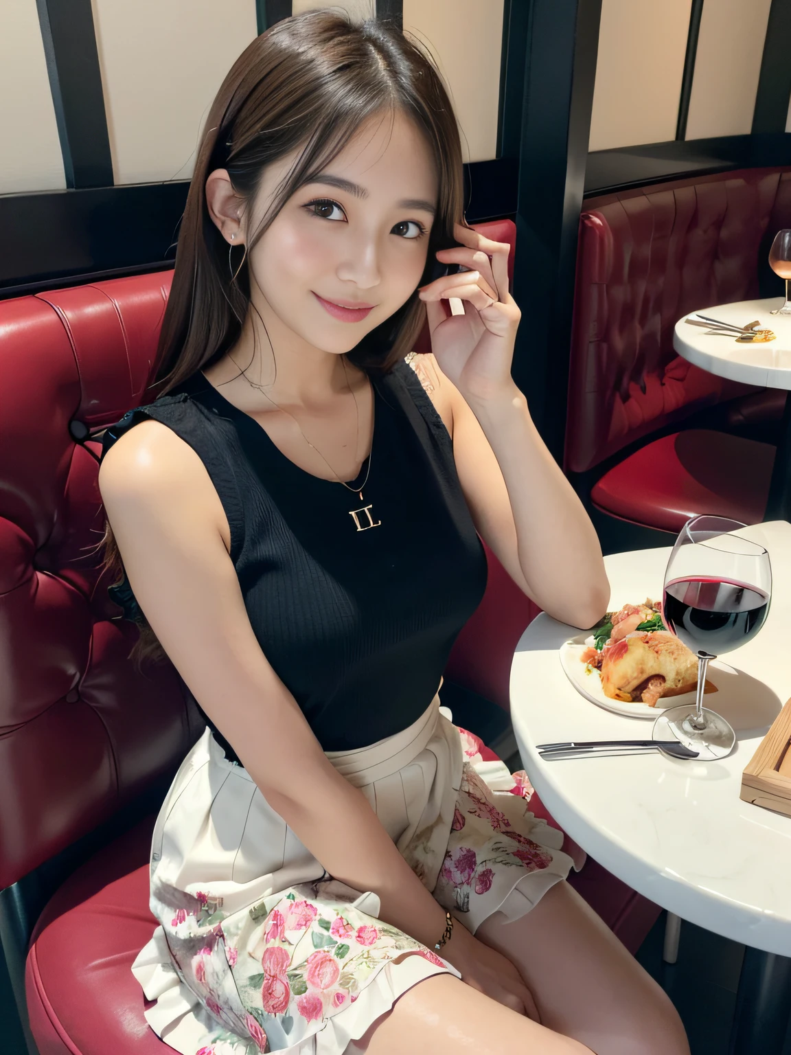 8K、Raw photography、(masuter piece:1.2)、(Photorealsitic:1.2)、(best qualtiy)、((Sleeveless with white frills))、((Adult woman in floral skirt))、((japanes、25-years old))、Light brown hair in one woman、((full body Esbian))、make - up、Smart body、A smile、Poses variadas、hyperdetailed face、A detailed eye、((No close-ups))、(dinner、Stylish restaurant、interview、drinking wine、Sitting on a chair)