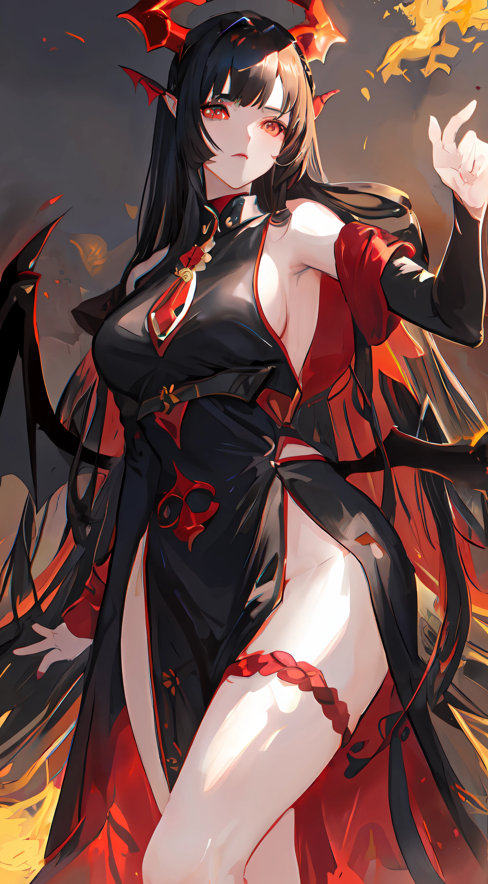 Anime girl with horns on head, e um vestido vermelho medieval, vestido fechado, do not show skin, sem nudez, Detalhes em gravatas, Bat-like dragon wings protruding from the back, pelos vermelhos, olhos vermelho, pele brilhante, angry expressions, agressivo, boca: aberta, dentes pontudos iguais de uma fera, multiple poses, large eyelashes, Sobrancelhas: grossas. multiple facial expressions, ,multiplas poses, mesmo personagem todas imagens. Maintain the standard of hair and clothes in all projects. menina anime demon, Krenz Cushart e Artgerm, Artgerm e Atey Ghailan, Estilo Ross Tran, Guweiz em Pixiv ArtStation, Art not Guweiz style, dragon girl, por Shitao, Demon girl,  Background Story: Branco, NEUTRO, Escuro.