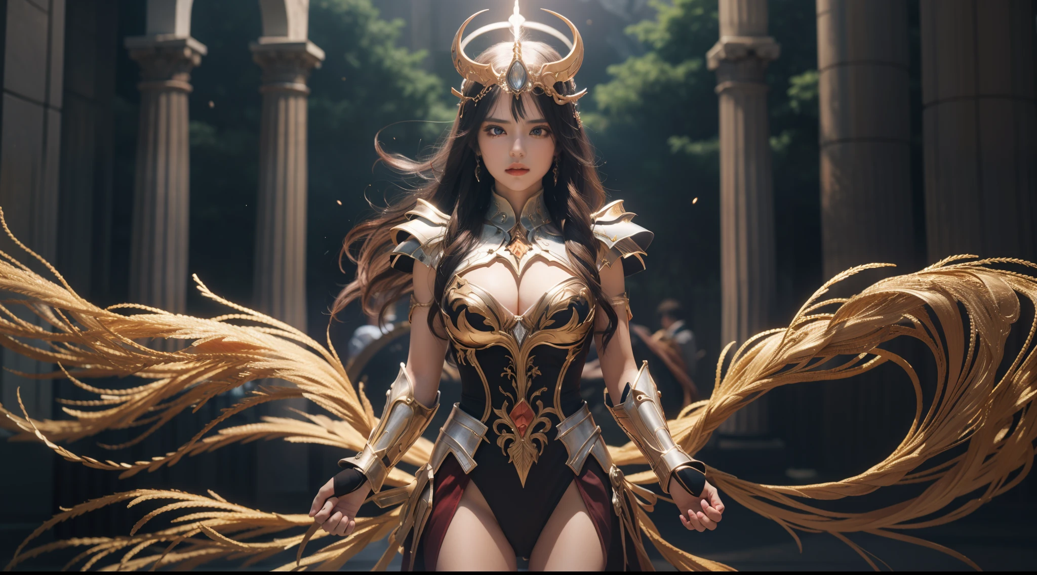 (Extremely detailed Cg Unity 8K wallpaper,Masterpiece, Best quality, Ultra-detailed, Beautiful detailed eyes:1.2),Best illumination, (Best shadow, An extremely delicate and beautiful, full bloom), 1girll,Solo,Large breasts，Heavy armor，complex patterns，Long hair,Film filter, Greek temple，dramatics，dynamicposes，illusory engine， (High detail: 1.9)，Starcloud，the night，torchan，full body shot shot，dynamicposes，dramatics