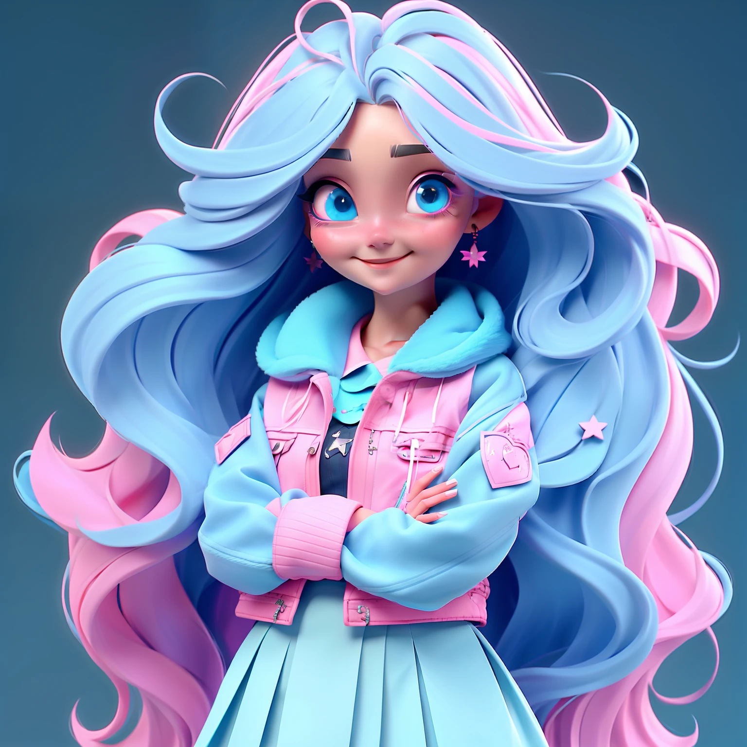 1girl, long hair, blue eyes, earrings, jewelry, solo, skirt, looking at viewer, PINK hair, smile, very long hair,star hair ornament, jacket, lips, simple background