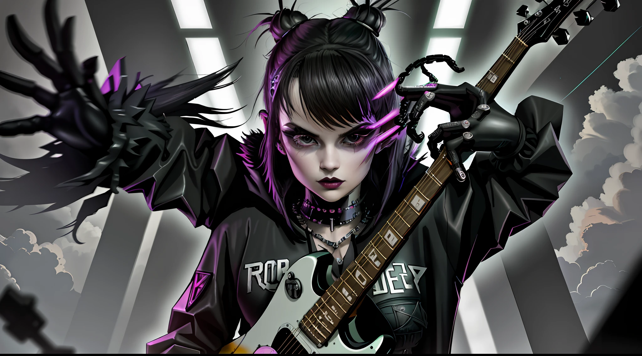 Araffe com cabelo preto tirando uma selfie em um espelho, Rocker Girl Aesthetics, Rock aesthetics, cybergoth, goth girl, cyber punk setting, holding guitar, acoustic guitar, darkwave goth aesthetic, mall goth, 20 - year - old goth girl, goth vibe, pastel goth aesthetic, goth punk clothes, Gothic style, Todas as roupas vermelhas cyberpunk, neo goth, foto da roupa, Gothcore,rosto detalhado,detailed hands, master part,rosto detalhado,telefone detalhado,dedos detalhados,corpo detalhado,olhos detalhados,