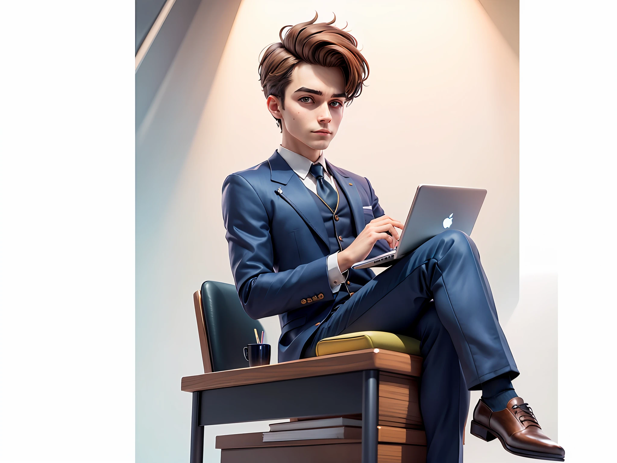 A young man in a suit and pants sat at his desk，holding laptop，Cartoon style，Very detailed facial features，digitial painting，4k high definition
