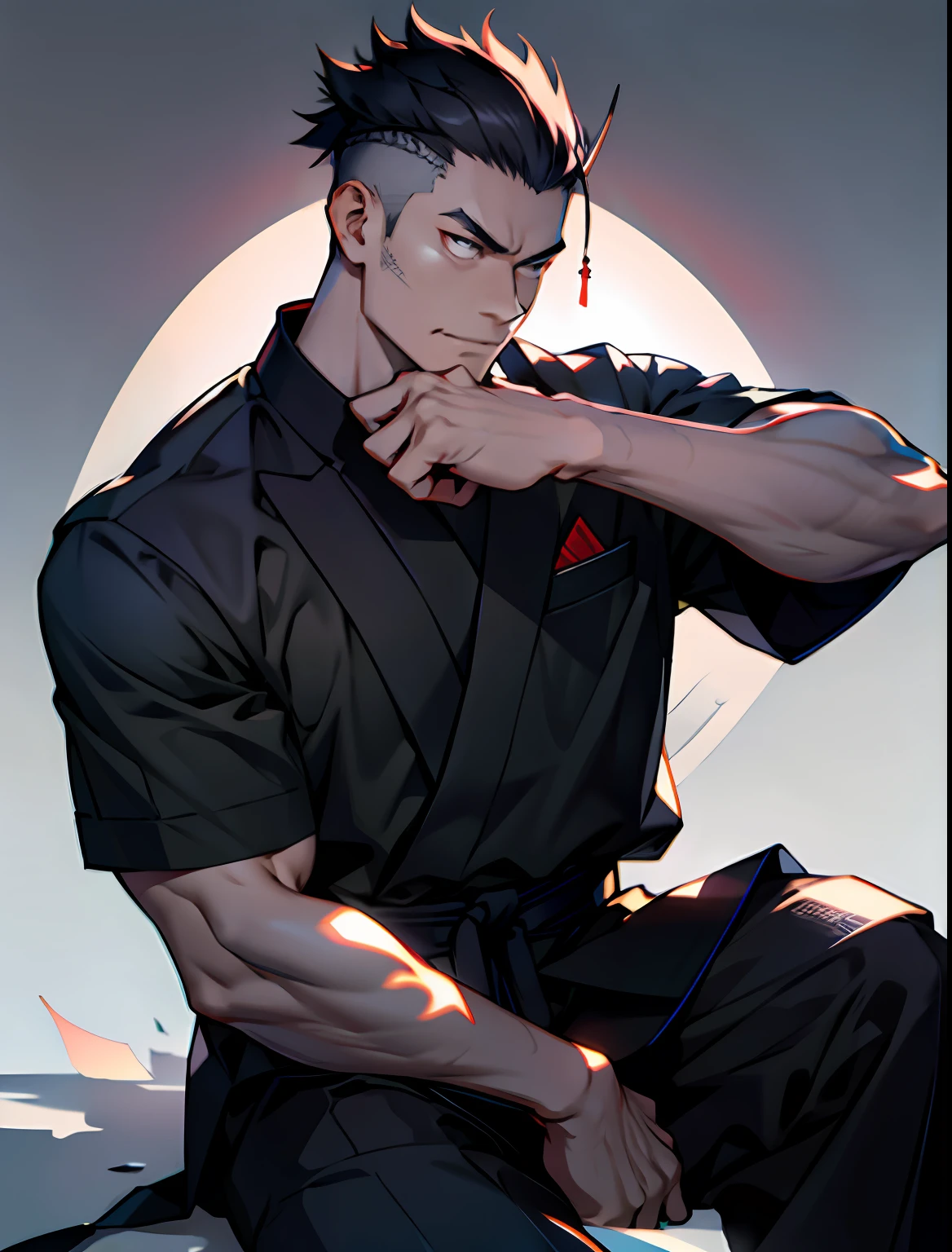 best qualtiy， tmasterpiece， face expressionless， 超高分辨率， detailedbackground， 独奏， muscles male， short detailed hair， Sat down， sofe， Real shadows and light， depth of fields， Okada Izō，Okada Izo，Eye focus， Masculinity， mature，Black socks，Samurai clothes，swordsman，hitman