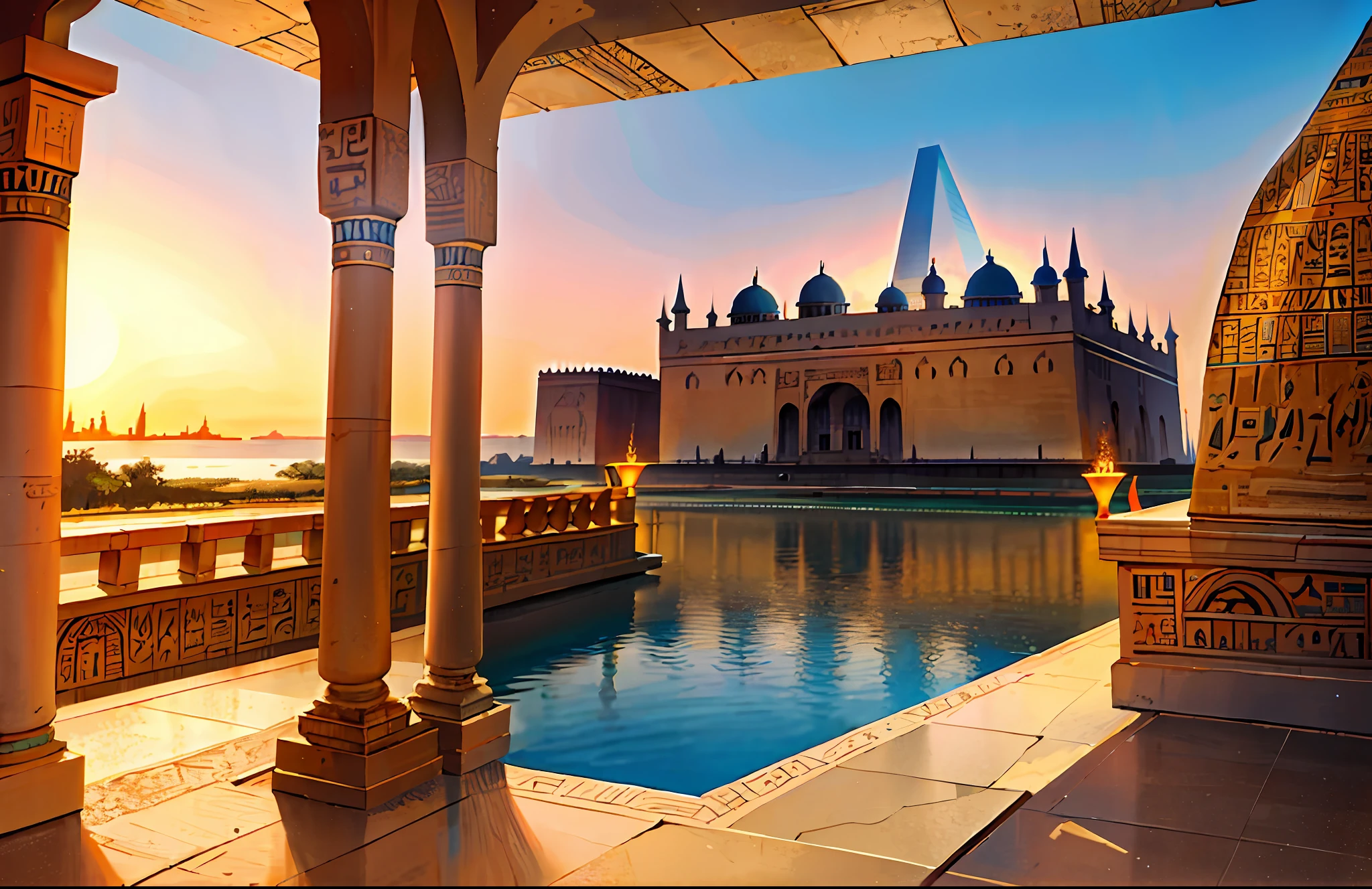 Magnificent ancient Egyptian-style temple,Ancient Egyptian palace,Royal Palace of Ancient Egypt,a throne,Nile River,setting sun,epic sense,Sense of grandeur