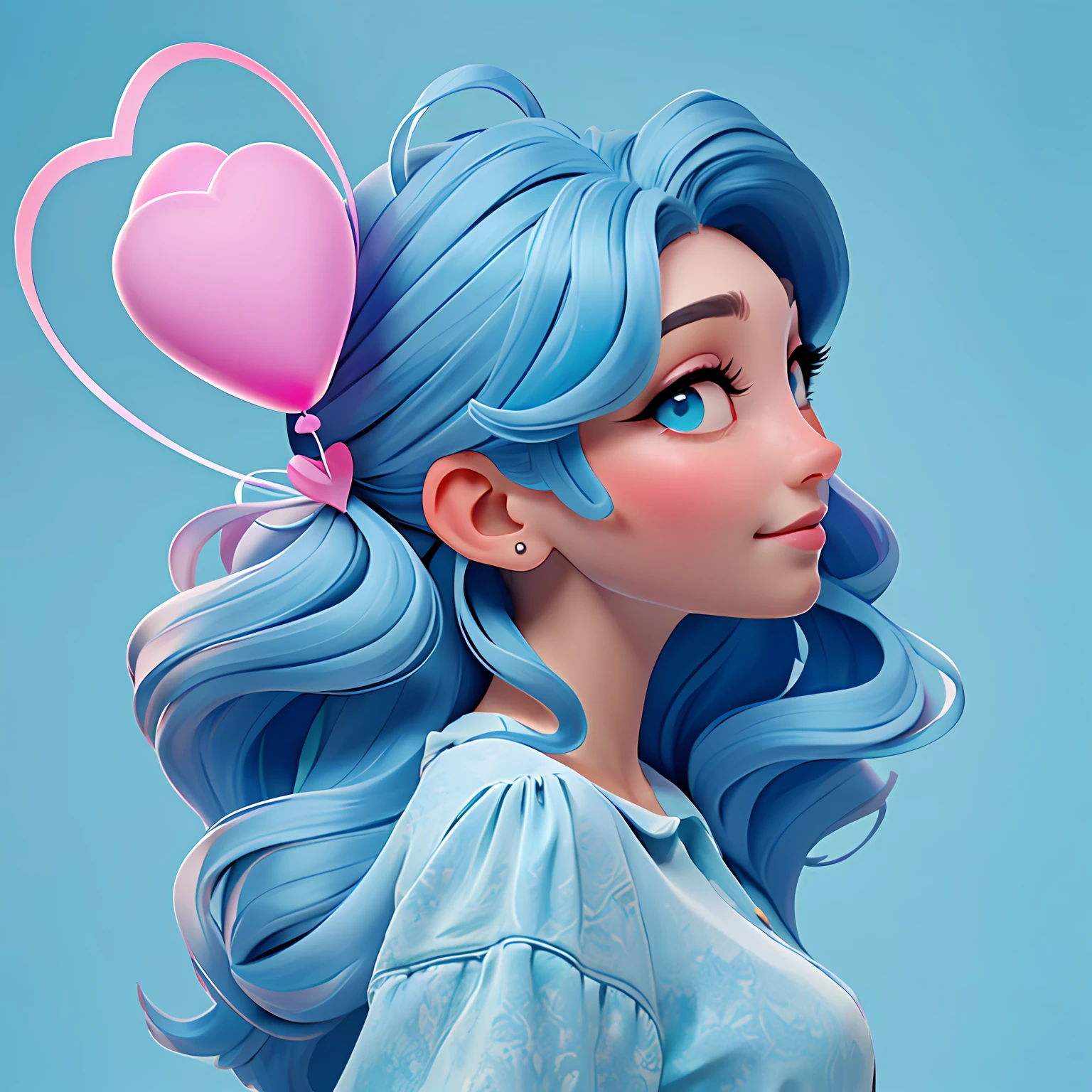 A woman holds a colorful heart-shaped balloon. Her hair is stuck in a messy bun as she looks up in awe. The background is filled with a pastel shade of light blue, evoking a sense of lightness and happiness.