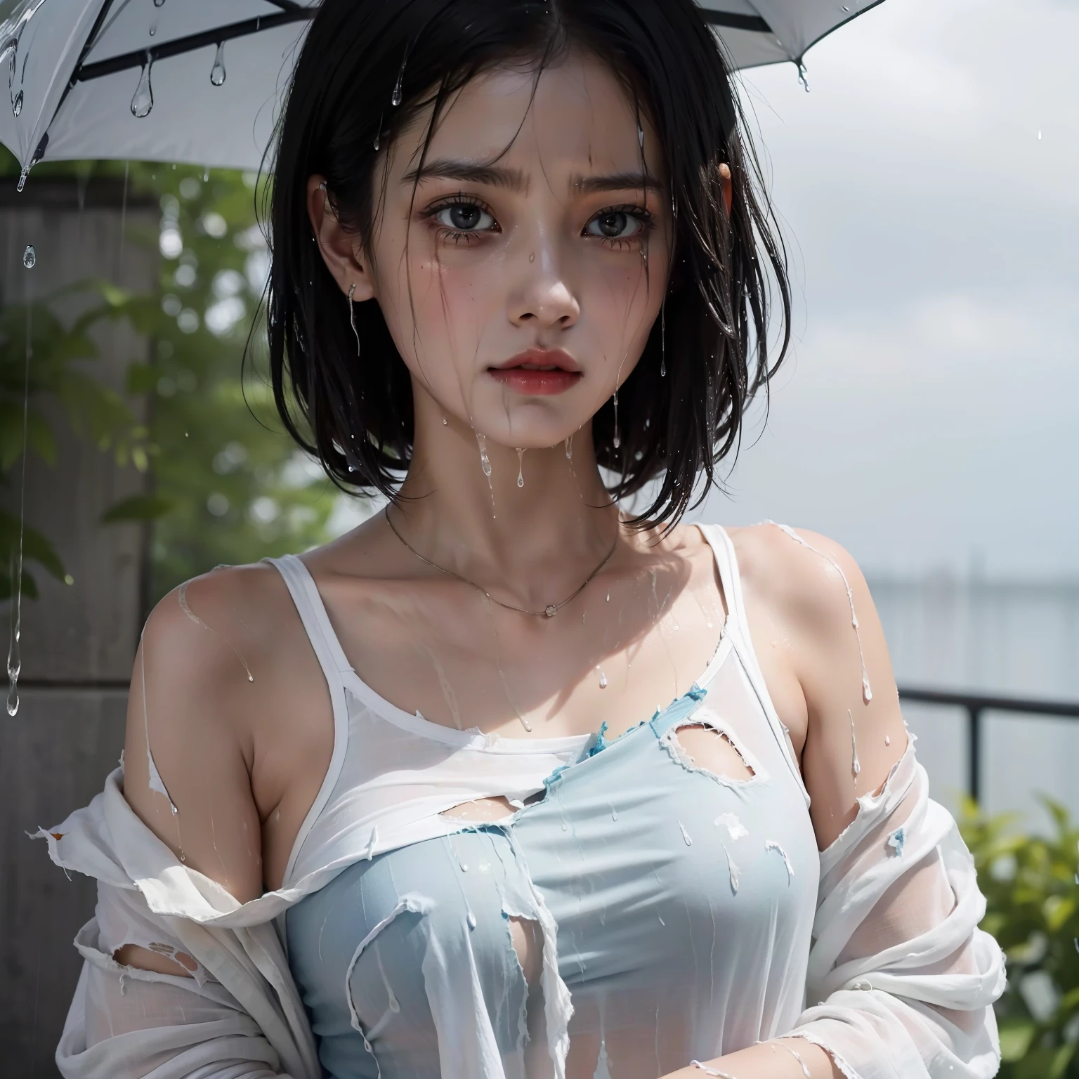 Best picture quality, masterpiece, ultra high resolution, (fidelity :1.4), photo, 1 girl,[(sadness)],white shirt, Dim, dark, desperate, pitying, pitiful, cinematic,tear,teardrop,(Torn clothes:1.5), (Wet clothes:1.4), bare shoulders,Real rain,wet hair,..