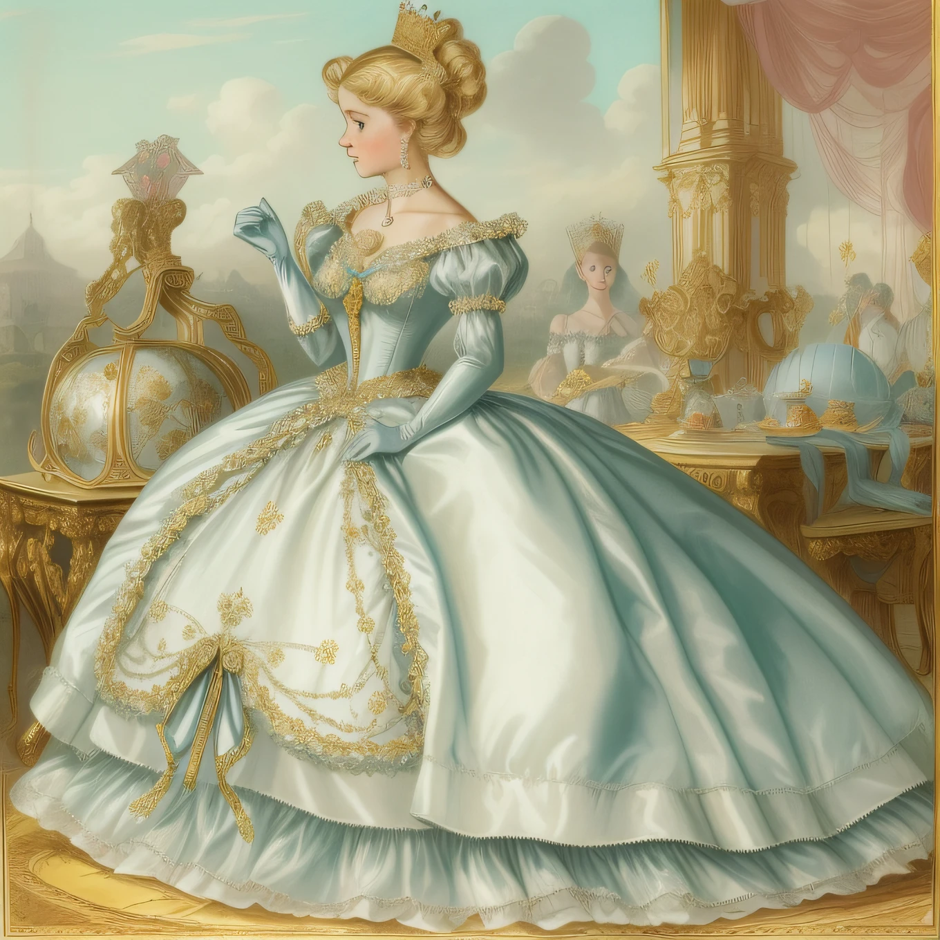 John Tenniel Art, A young blonde lady discovers that she's wearing a Stately and Elaborate Royal Cinderella Ballgown with (((enormous puffed sleeves))) an hourglass waist, and a (((huge crinoline hoopskirt))), adorned with (((ribbons))), (((bows))), diamond crosses, gold embroidery, and jewels, elaborately curled and styled hair, white gloves, tiara, Crown Jewels