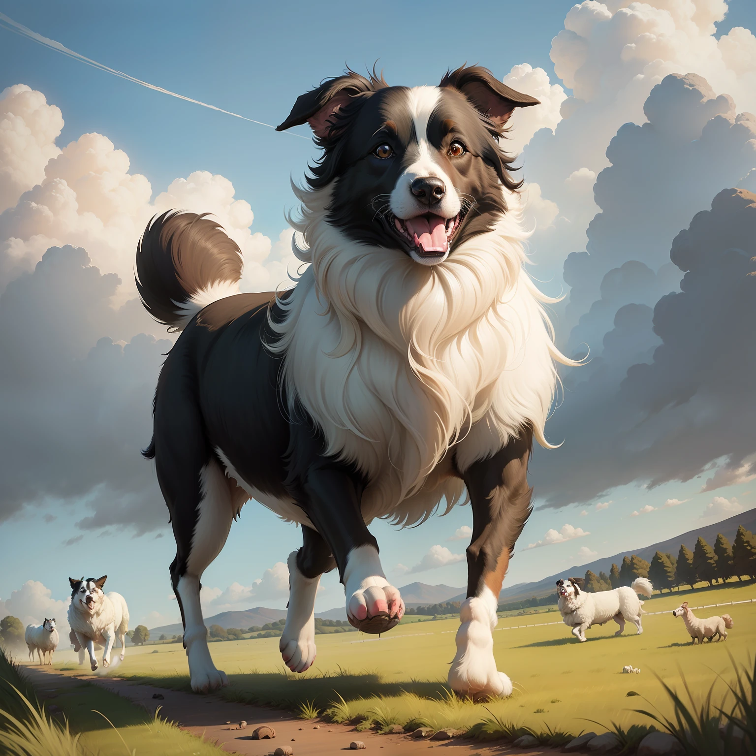 Draw a bordercollie dog running in a field with sheep, oil painting style drawing