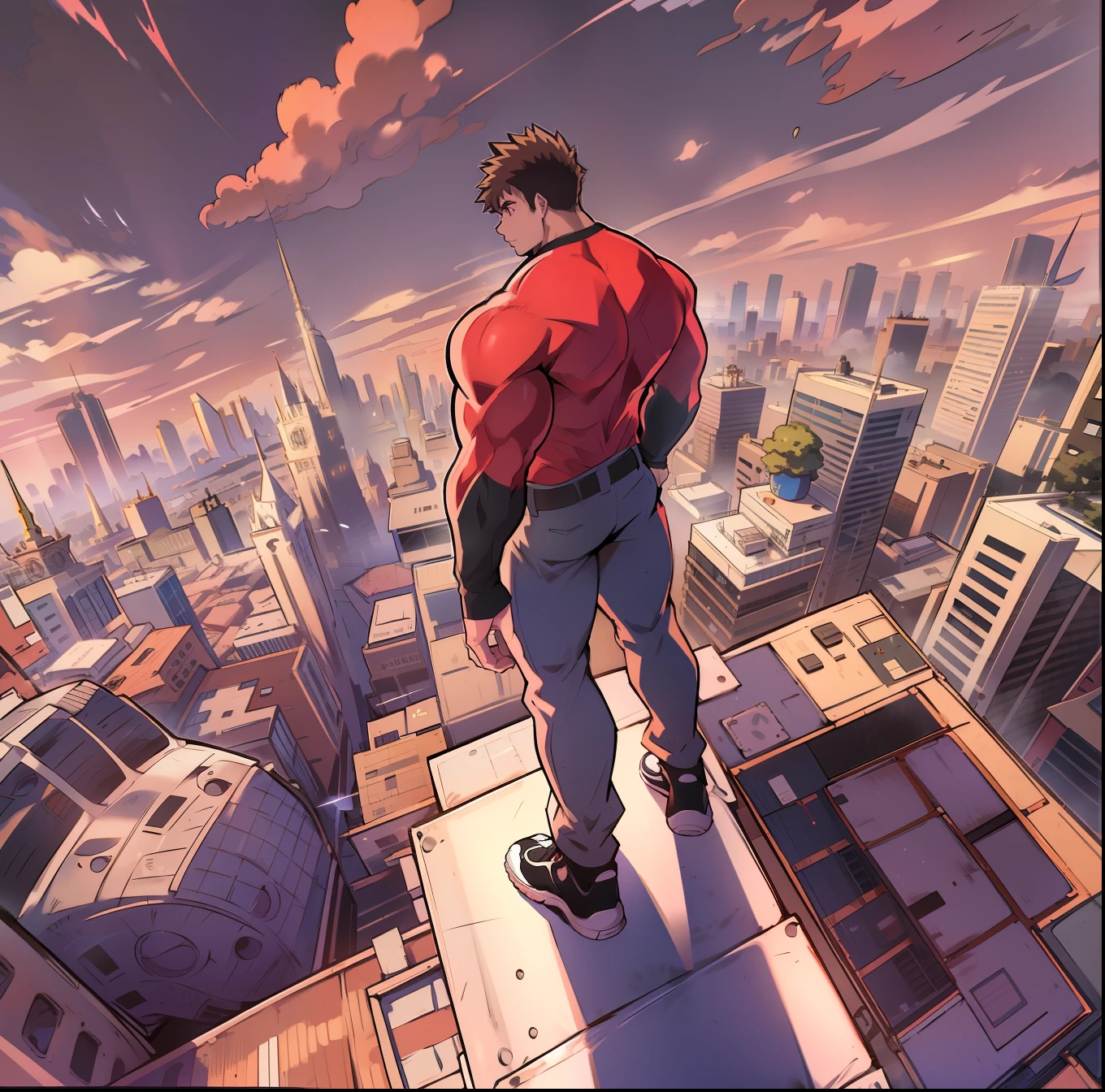 Generate anime-style art with a high-angle shot of a muscular male character with his body with his back to the camera, THE CHARACTER IS STANDING ON TOP OF A TALL BUILDING, O protagonista deve ter um corpo extremamente musculoso, muito alto, semelhante ao de um fisiculturista. O personagem deve ter o cabelo bem curto com franja marrom escuro e deve estar usando camiseta manga comprida vermelha, with a black pants and a belt and should be wearing a white sneaker . A imagem deve retratar o corpo inteiro do personagem, com foco em sua postura intimidadora. The protagonist must exude strength and dominance, displaying a powerful presence. A cena deve apresentar apenas o personagem musculoso, THE CHARACTER MUST BE ON TOP OF A BUILDING SHOWING A LARGE CITY BELOW HIM