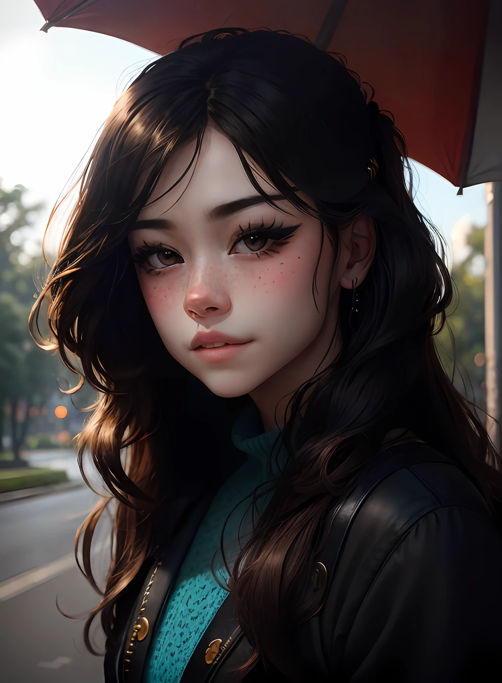 wearing (sweater), portrait, beautiful face, pretty eyes, ((Asian)), South East Asian, outside, portrait, park, trees, teeth, eyes open, ward winning photo, best quality, upper body, Hannahowo, windblown black hair, by lee jeffries nikon d850 film stock photograph 4 kodak 400 camera f1.6 lens rich colors hyper realistic lifelike texture natural lighting unreal engine trending on artstation cinestill 800, (100mm lens)