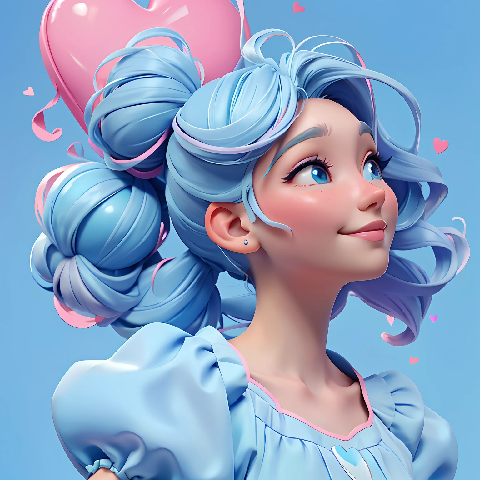 A woman holds a colorful heart-shaped balloon. Her hair is stuck in a messy bun as she looks up in awe. The background is filled with a pastel shade of light blue, evoking a sense of lightness and happiness.