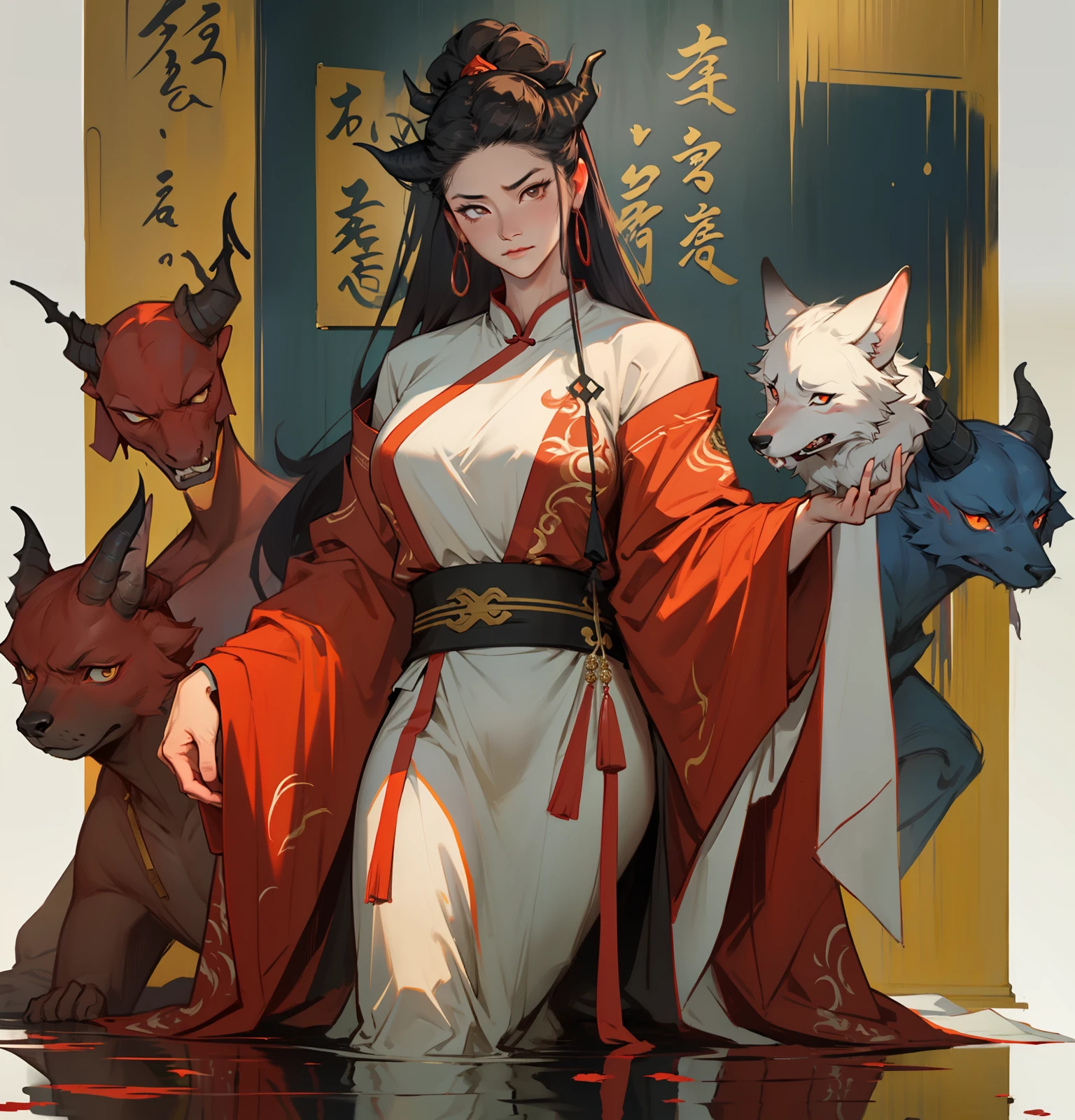 She was like a female emperor，Wearing Chinese Hanfu，The clothes are big red, Elegant and luxurious，The temperament of the ancient queen can be seen from her，Like Wu Zetian，She is Xiao Wei in the painting skin，fox demon，There are ghosts around，It's the devil，Also God，Draw a full-body image