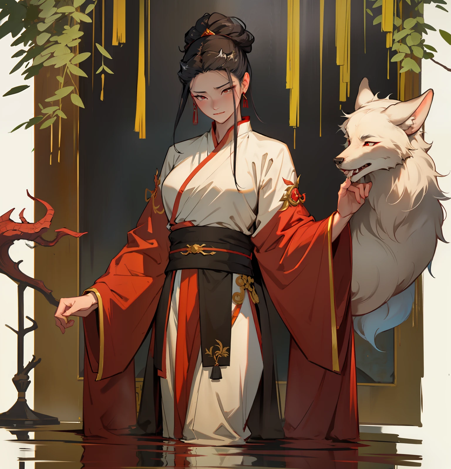 She was like a female emperor，Wearing Chinese Hanfu，The clothes are big red, Elegant and luxurious，The temperament of the ancient queen can be seen from her，Like Wu Zetian，She is Xiao Wei in the painting skin，fox demon，There are ghosts around，It's the devil，Also God，Draw a full-body image