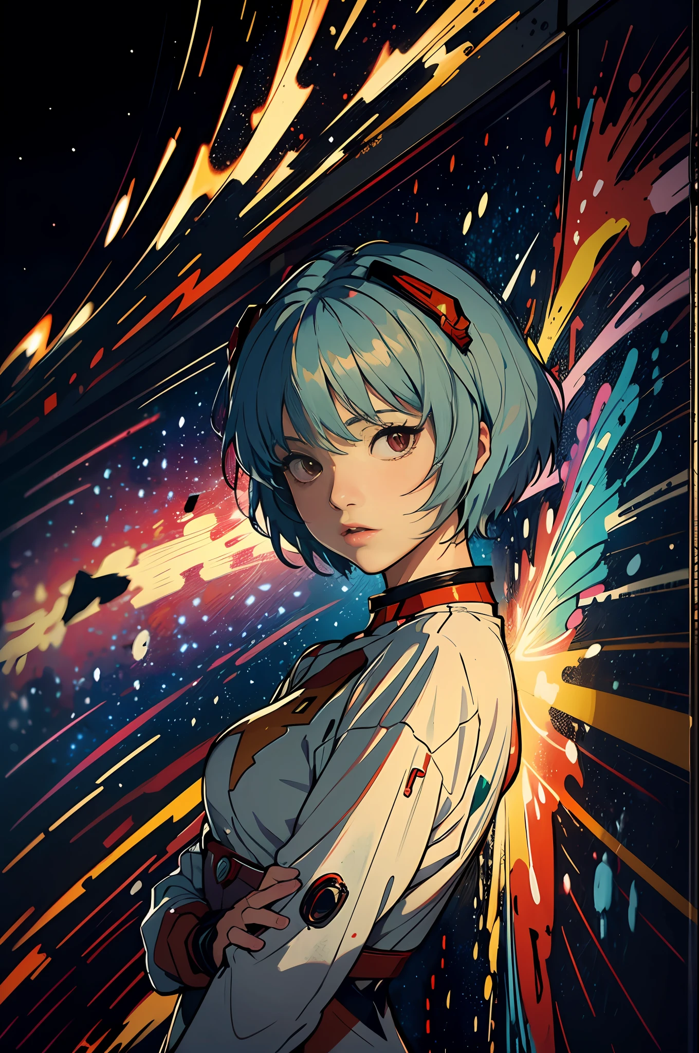 The iconic rei ayanami (evangelion) in the style of Leonardo da Vinci. High-quality and detailed graffiti-style rendition of Vincent van Gogh's masterpiece "The Starry Night." The artwork combines the expressive and vibrant brushstrokes of van Gogh's original with the urban energy and edginess of graffiti art. The composition captures the swirling night sky and the iconic cypress tree, reimagined with bold spray paint elements and intricate graffiti-inspired details. The colors pop with intensity, creating a visually captivating piece that pays homage to van Gogh's artistic vision while infusing it with a contemporary street art aesthetic. It is a unique fusion of classical art and urban expression, showcasing the timeless beauty of "The Starry Night" in a fresh and dynamic way.