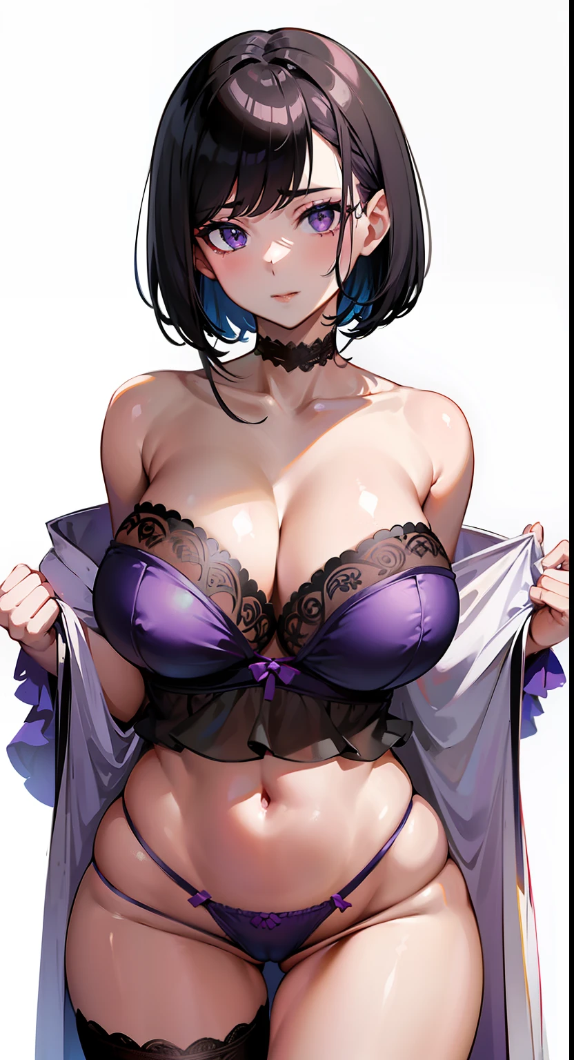 Seductive underwear figure、Purple lace sexy underwear、Breasts are big、cleavage of the breast、Strapless Bras、High-cut panties、Shoulder out、Navel Ejection、thighs thighs thighs thighs、fissure
