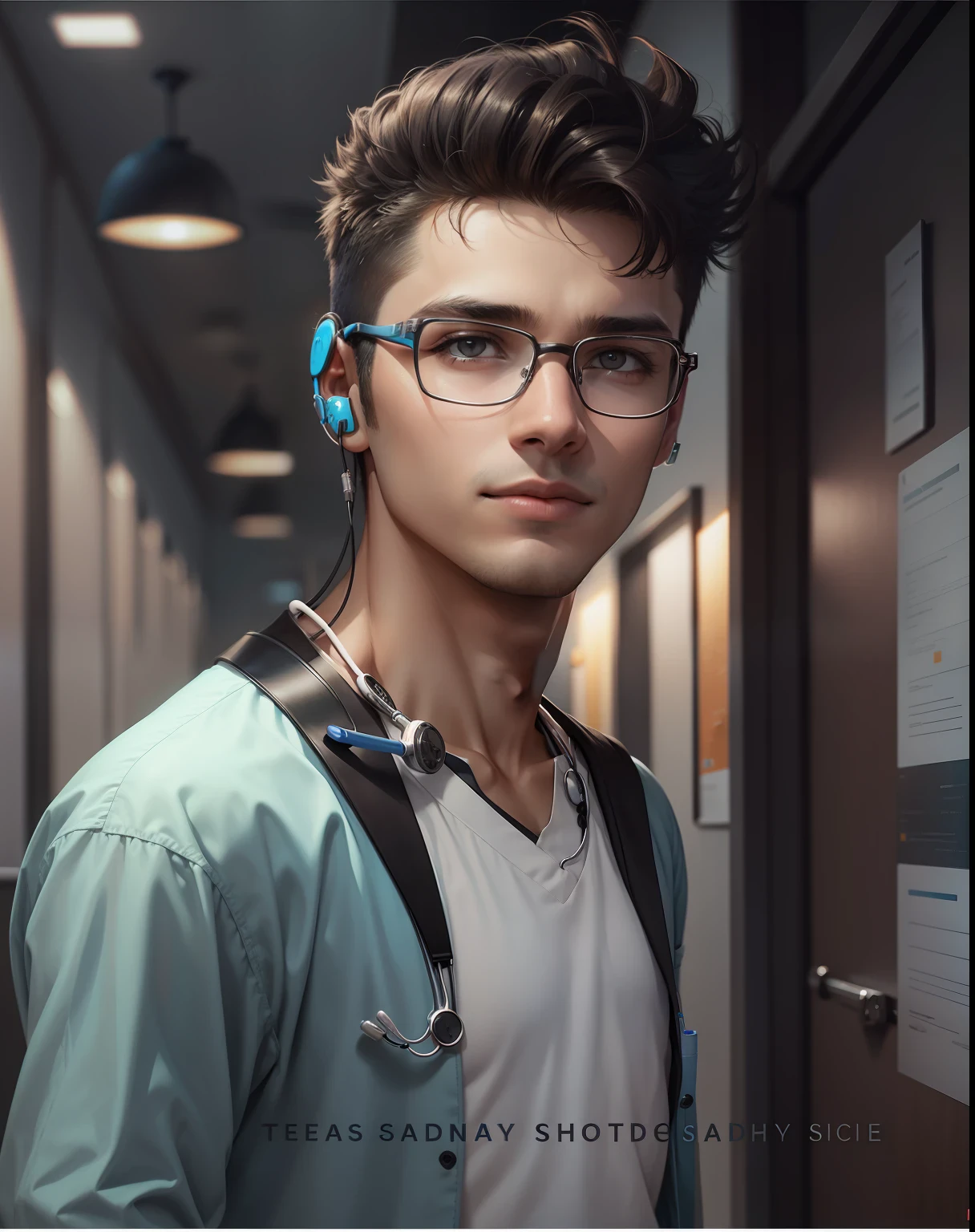 A medical student boy wearing cool headphones,glasses and stethoscope
