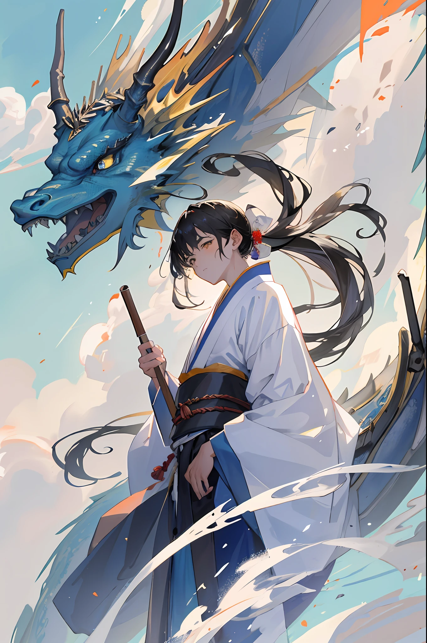 Crie imagens no estilo da pintura tradicional japonesa. The scene depicts a dramatic dragon, a complete dragon flying in the sky. The dragon is bruised and wears a mecha mechanical dragon that glitters in the sun. The clouds are layered, and the clouds and wind surround the dragon. The dragon's expression is fierce and calm, conveying strength and wisdom. The image should have high resolution and high quality, the dragon is clearly focused, and the clouds and background are blurred dreamy. The angle of the camera should be slightly lower than the faucet, giving a sense of its grandeur and size, e a luz deve ser suave e difusa, criando uma atmosfera misteriosa e sonhadora.