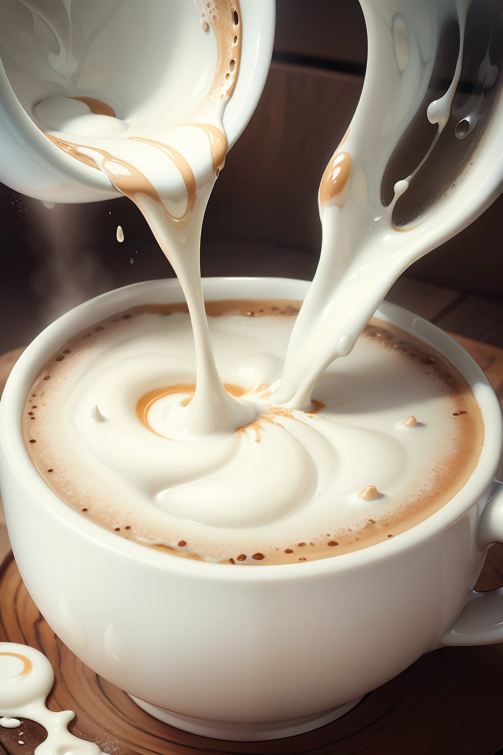 Pour out the milk,Flowing milk, cappuccino, kawa, sea of milk, milk, Artistically, milk dripping, puddle of milk, spilled milk, , Outstanding detail,Silky,Sprinkle a little milk in the air