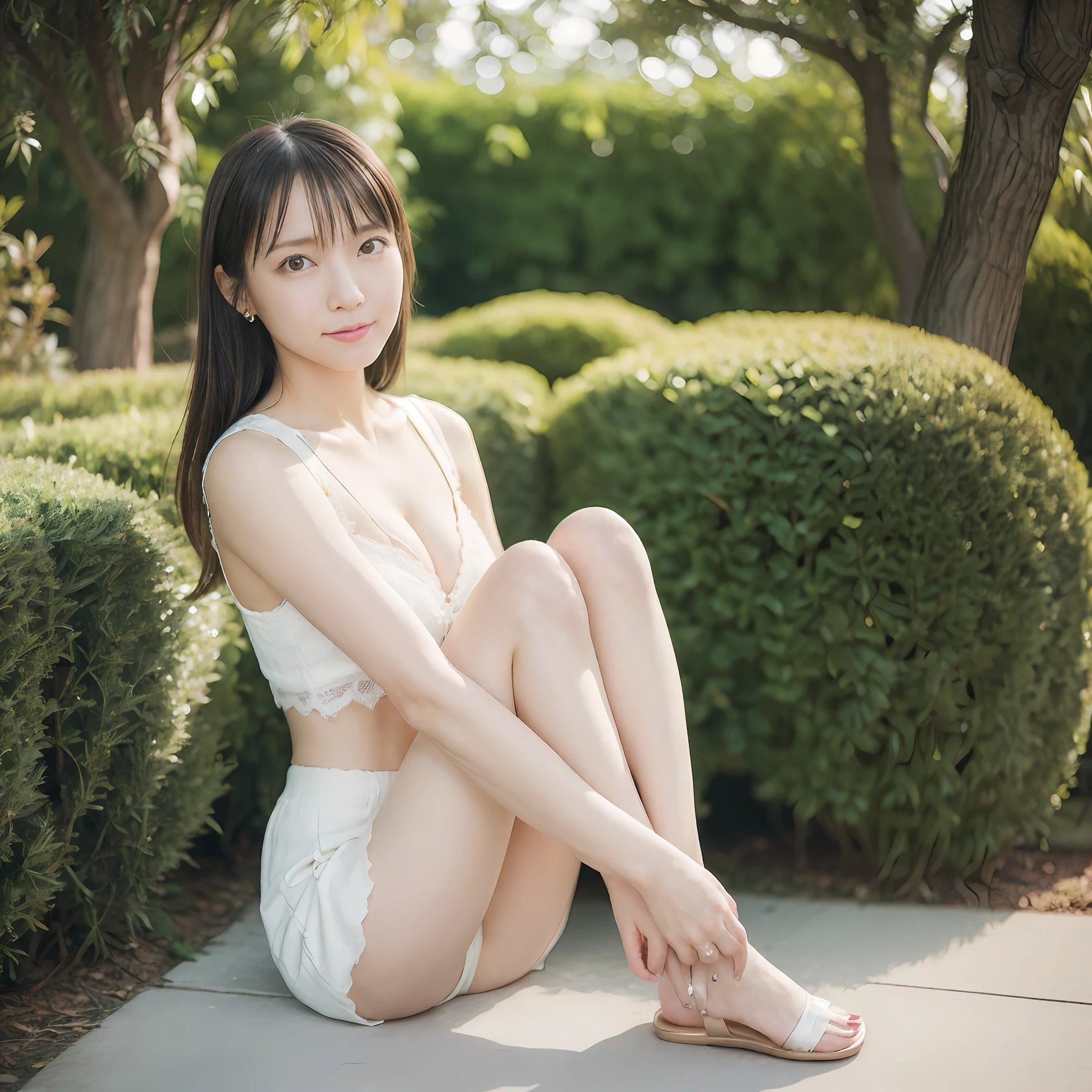 masterpiece、(realisitic)、high-definition CG unified 8K wallpapers、(HQ Skins:1.2)、in 8K、nffsw、Digital SLR、((((Photo of legs open from the front))))、hightquality、((((Photorealsitic))))、Perfect litthing、25 year old woman、Beautie、femele1Portrait、Very delicate and beautiful woman、highlydetailed skin、de pele branca、Gentle slender face、Pretty look、Do not close your eyes、Red cheeks,、The lips are very red、Bigger eyes、Embarrassing、((((Staring at the photographer))))、Lights on your face、C Cup Bust、natural soft light、Beautiful photo studio background、femele1a person、Indoor Portrait、((((fullbody image))))、Hair is bunched back、Beauty of the wind、(((Wearing a miniskirt)))、(((Beautiful feet)))、Image in which the legs are always visible、Raising arms to show armpits、Bold poses、The body is frontal、Image from the knee up、Japan garden in the background、I can see my panties、Face facing forward、Blur the background、and is wearing sandals、(((Sitting with your knees bent and your legs spread)))、Ridiculous,Lace panties、the bow,sitting on、pantyshot、Spread your legs apart、skirt by the,mCharacter opening leg、squatt