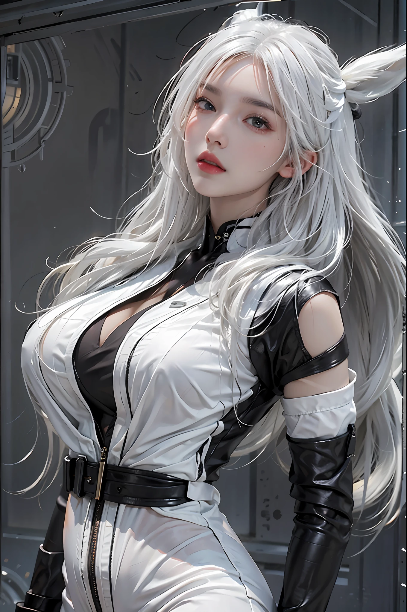 photorealistic, high resolution, 1women, solo, hips up, look at viewer, (detailed face), white hair, long hair, black reverse bunnysuit