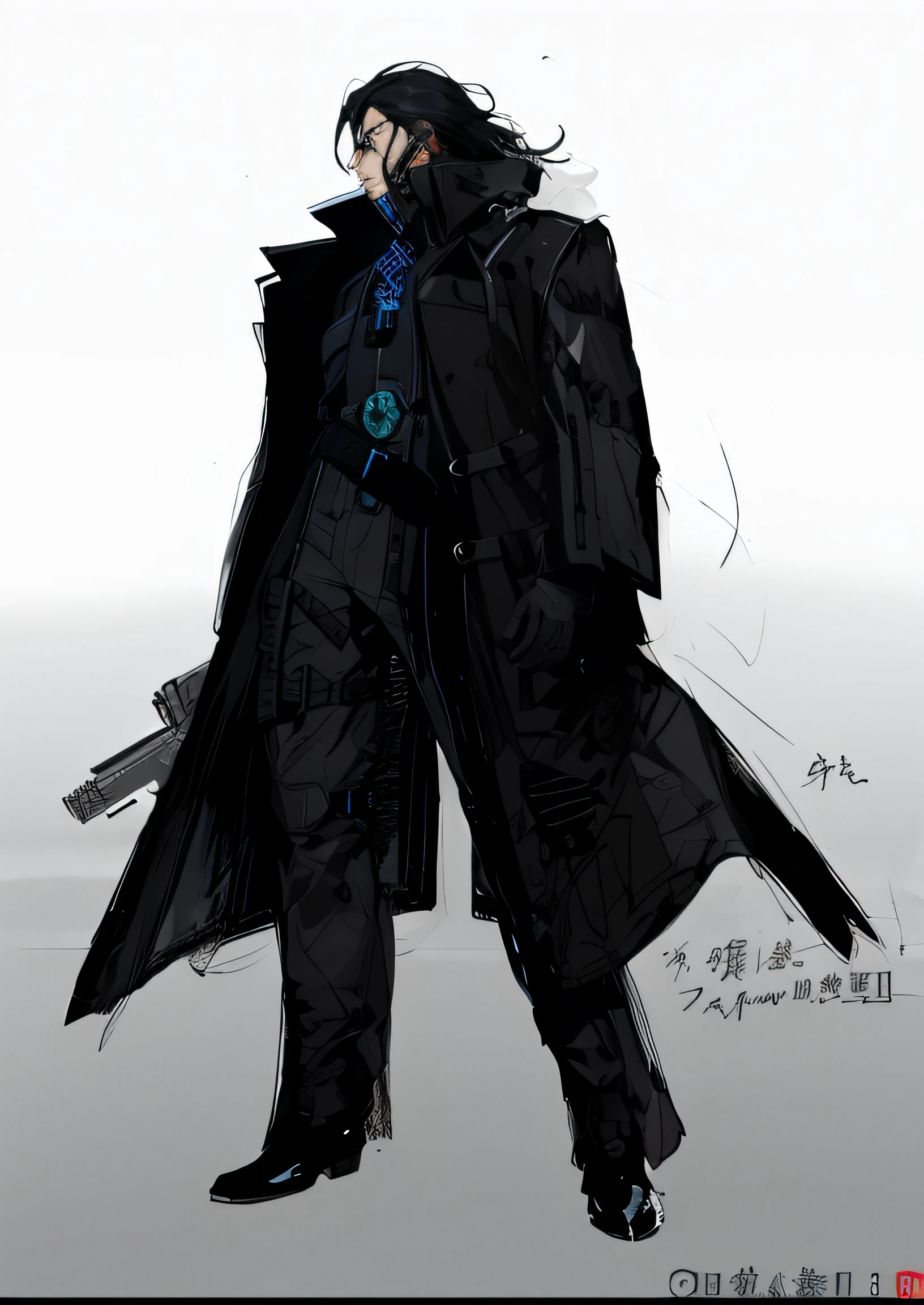 personagem de anime vestido de preto com uma gravata azul e casaco preto, design de personagens cyberpunk, metal gear solid anime cyberpunk, terno cyberpunk, arte conceitual de metal gear solid, Arte conceitual de Feng Zhu, arte do personagem cyberpunk, fashionable cyberpunk mechanoid, estilizado como fantasma na concha, Benedick Bana, ( ( arte conceitual do personagem ) ), fantasma no estilo de arte da concha, arte conceitual sombria