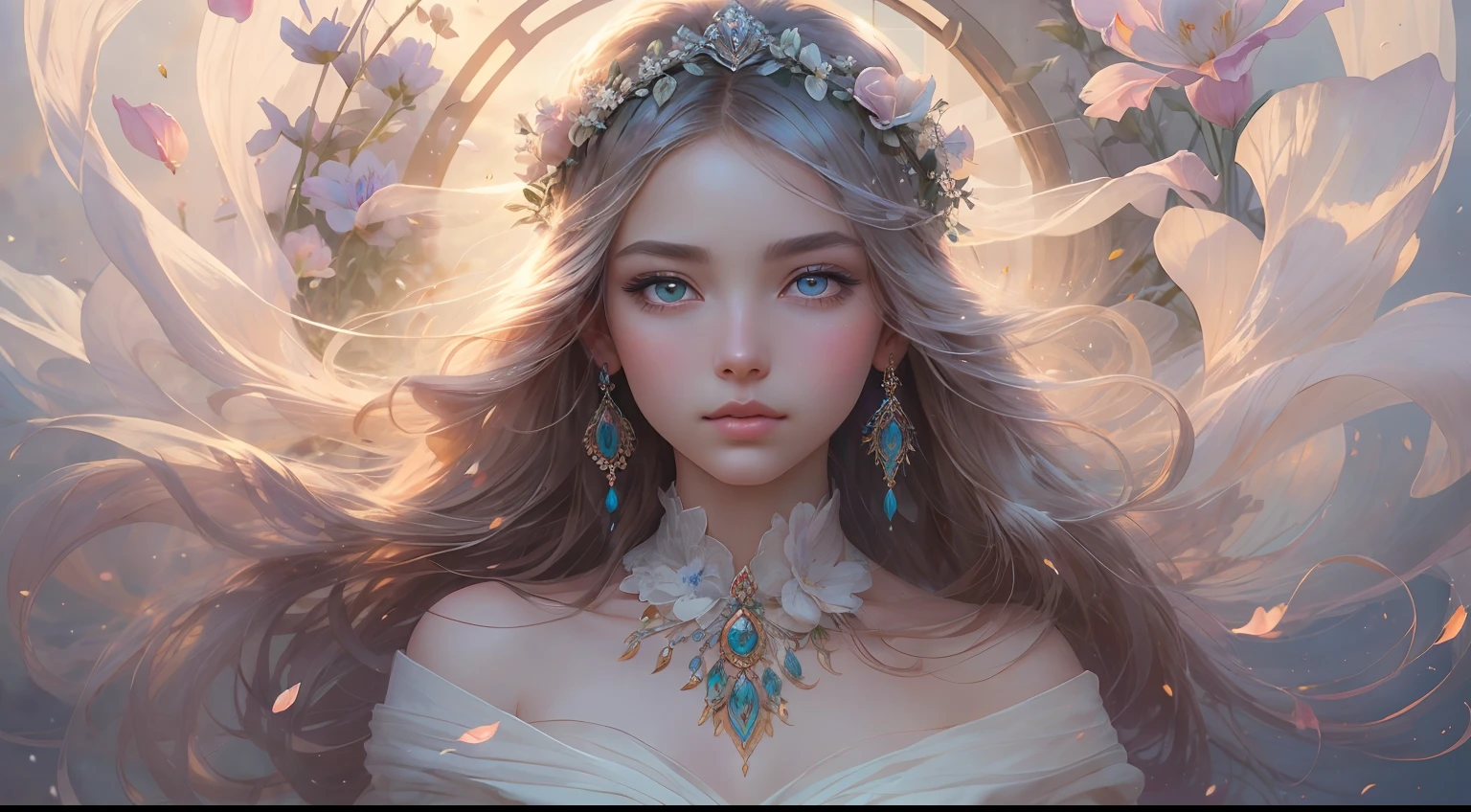 This artwork is dreamy and ethereal, with soft pink watercolor hues. Generate a delicate and demure flower maiden with soft, realistic hair dancing in the breeze. Her sweet, realistic face is extremely detailed and has puffy, big lips and stunning, highly realistic eyes. Her eyes are important and should be realistic, highly detailed, and beautiful. The flower maiden is wearing delicate and elegant fabric of silk and satin. She is surrounded by beautiful flowers of varying sizes and colors and flower petals dancing in the wind around her. The background is detailed, wild, and unruly, with wildflowers and wind and pollen creating a dynamic and compelling image. She wears an ornately flowered headdress that enhances her soft beauty. Include a soft watercolor sky. Include fantasy details, enhanced details, iridescence, colorful glittering wind, and pollen. Pay special attention to her face and make sure it is beautifully and realistically detailed. The image should be dreamy and ethereal.8k, intricate, elegant, highly detailed, majestic, digital photography, art by artgerm and ruan jia and greg rutkowski, (masterpiece, finely detailed beautiful eyes: 1.2), hdr, realistic skin texture, ((fantasy00d:1)), rays of light, ornate flowers, dew drops, sunlight, hazy rays of sun, flowergateway style, castle, palace, archway, flowers, growing