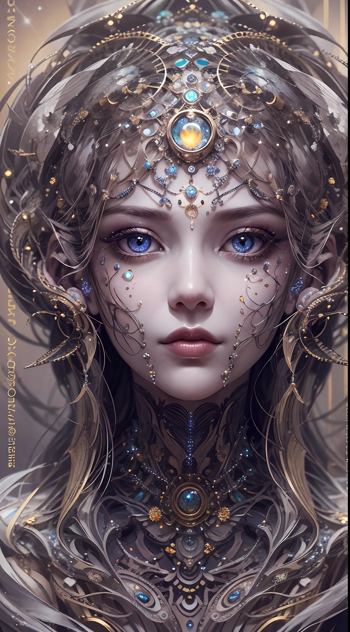 （best qualtiy，ultra - detailed，Most Best Illustration，Best shadow，tmasterpiece，A high resolution，professionalartwork，famousartwork），Detailed eyes，beautidful eyes，closeup cleavage，sci-fy，colored sclera，Robot eyes，face markings，Tattooed with，（fractalized，Fractal eyes），largeeyes，Wide eyes，（Eye focus），sface focus，Cosmic eyes，Space eyes，Close-up of metal sculpture of a woman with a moon in her hair，goddes。extremly high detail，3 d goddess portrait，Extremely detailed footage of the goddess，a stunning portrait of a goddess，Side image of the goddess，portrait of a beautiful goddess，Full body close-up portrait of the goddess，hecate goddess，portrait of a norse moon goddess，goddess of space and time