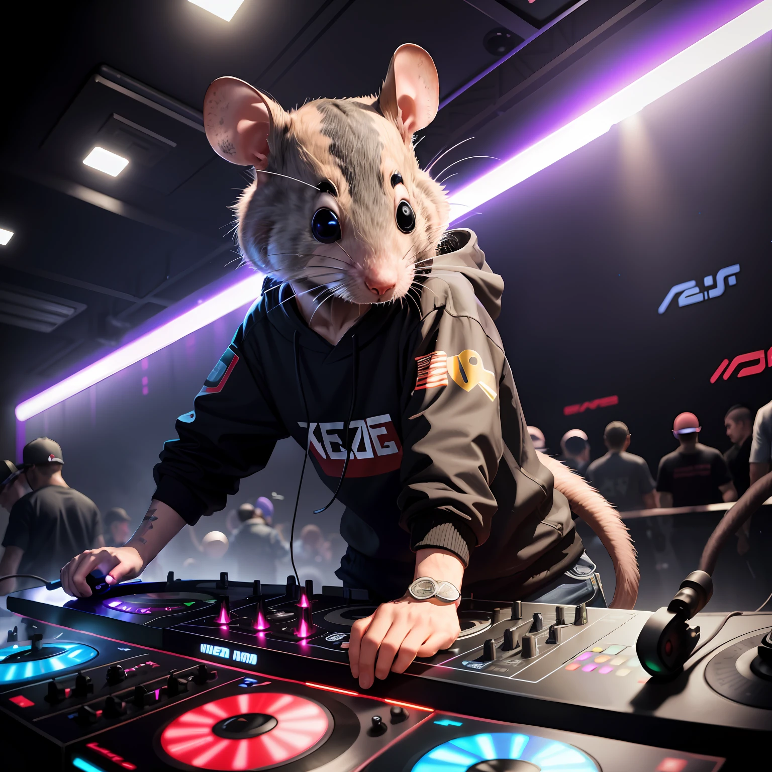 I have a mouse playing games with a controller, nffsw, cyberpunk mouse folk engineer, dj at a party, Turntabrhythm DJ Scratch, ratz, dj set, dj rave party, Mr. Beast, anthropomorphic gangster rat, anthropomorphic rat, profile picture 1024px, Rat King, Mouse