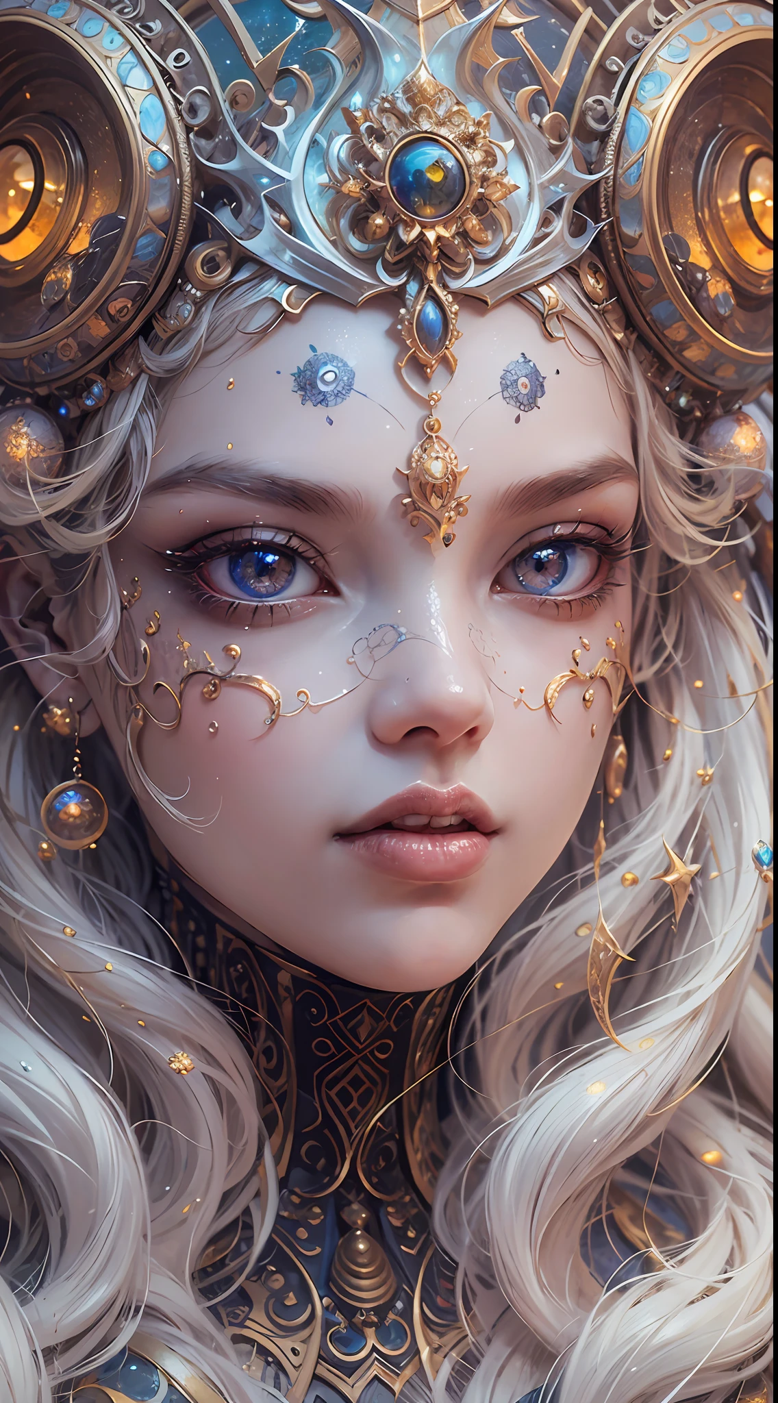 （best qualtiy，ultra - detailed，Most Best Illustration，Best shadow，tmasterpiece，A high resolution，professionalartwork，famousartwork），Detailed eyes，beautidful eyes，closeup cleavage，sci-fy，colored sclera，Robot eyes，face markings，Tattooed with，（fractalized，Fractal eyes），largeeyes，Wide eyes，（Eye focus），sface focus，Cosmic eyes，Space eyes，Close-up of metal sculpture of a woman with a moon in her hair，goddes。extremly high detail，3 d goddess portrait，Extremely detailed footage of the goddess，a stunning portrait of a goddess，Side image of the goddess，portrait of a beautiful goddess，Full body close-up portrait of the goddess，hecate goddess，portrait of a norse moon goddess，goddess of space and time