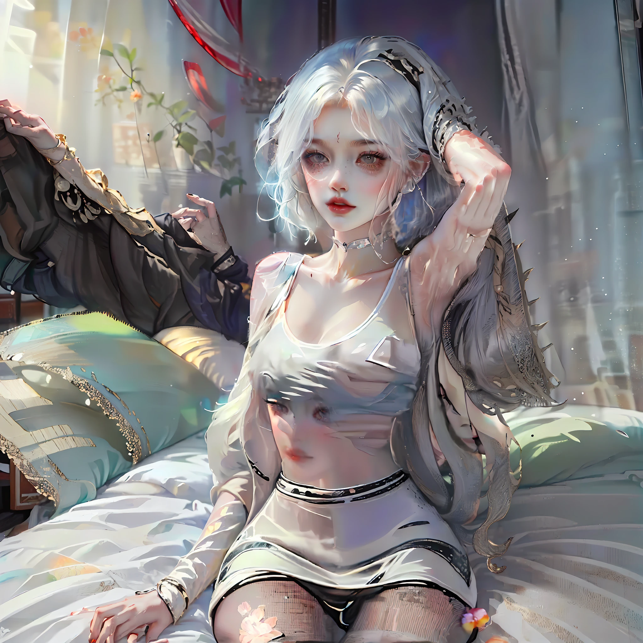 (((1 girl)),ray tracing,(dim lighting),[detailed background (bedroom)),((silver hair)),((silver hair)),(Fluffy silver hair, plump and slender girl))) with high ponytail))) Avoid golden eyes in the ominous bedroom ((((Girl wears a white shirt, black wrinkled skirt with black transparent pantyhose), showing a delicate slim figure and graceful curves, correct limbs, sitting on the bed with hands behind her head, Put both hands behind your head