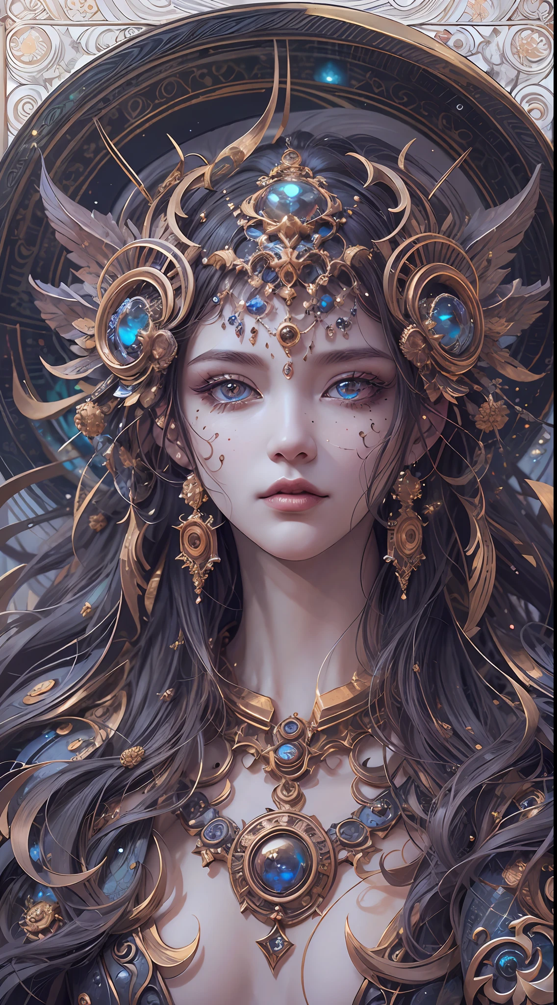 (best qualtiy,ultra - detailed,Most Best Illustration,Best shadow,tmasterpiece,A high resolution,professionalartwork,famousartwork),Detailed eyes,beautidful eyes,closeup cleavage,sci-fy,colored sclera,Robot eyes,face markings,Tattooed with,(fractalized,Fractal eyes),largeeyes,Wide eyes,(Eye focus),sface focus,Cosmic eyes,Space eyes,Close-up of metal sculpture of a woman with a moon in her hair,goddes。extremly high detail,3 d goddess portrait,Extremely detailed footage of the goddess,a stunning portrait of a goddess,Side image of the goddess,portrait of a beautiful goddess,Full body close-up portrait of the goddess,hecate goddess,portrait of a norse moon goddess,goddess of space and time